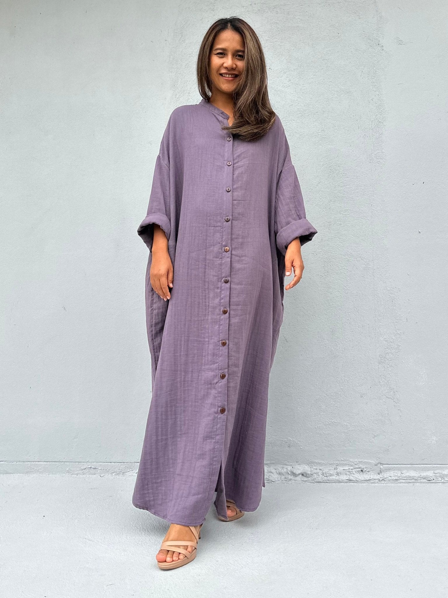 MALA handworks  Aura Double Gauze Cotton Maxi Shirt Dress in Lavender