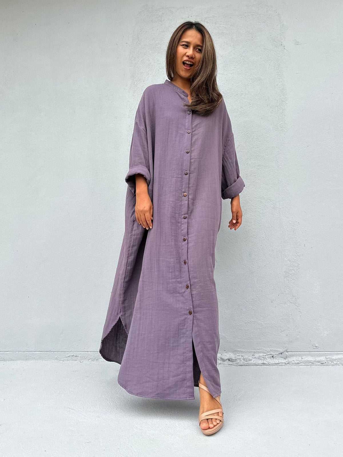 MALA handworks  Aura Double Gauze Cotton Maxi Shirt Dress in Lavender