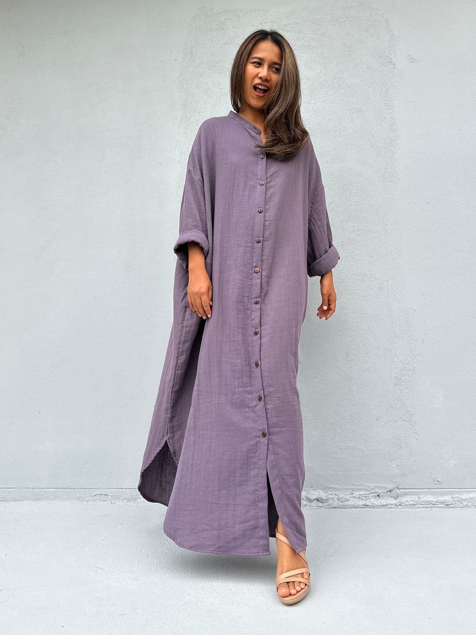 MALA handworks  Aura Double Gauze Cotton Maxi Shirt Dress in Lavender
