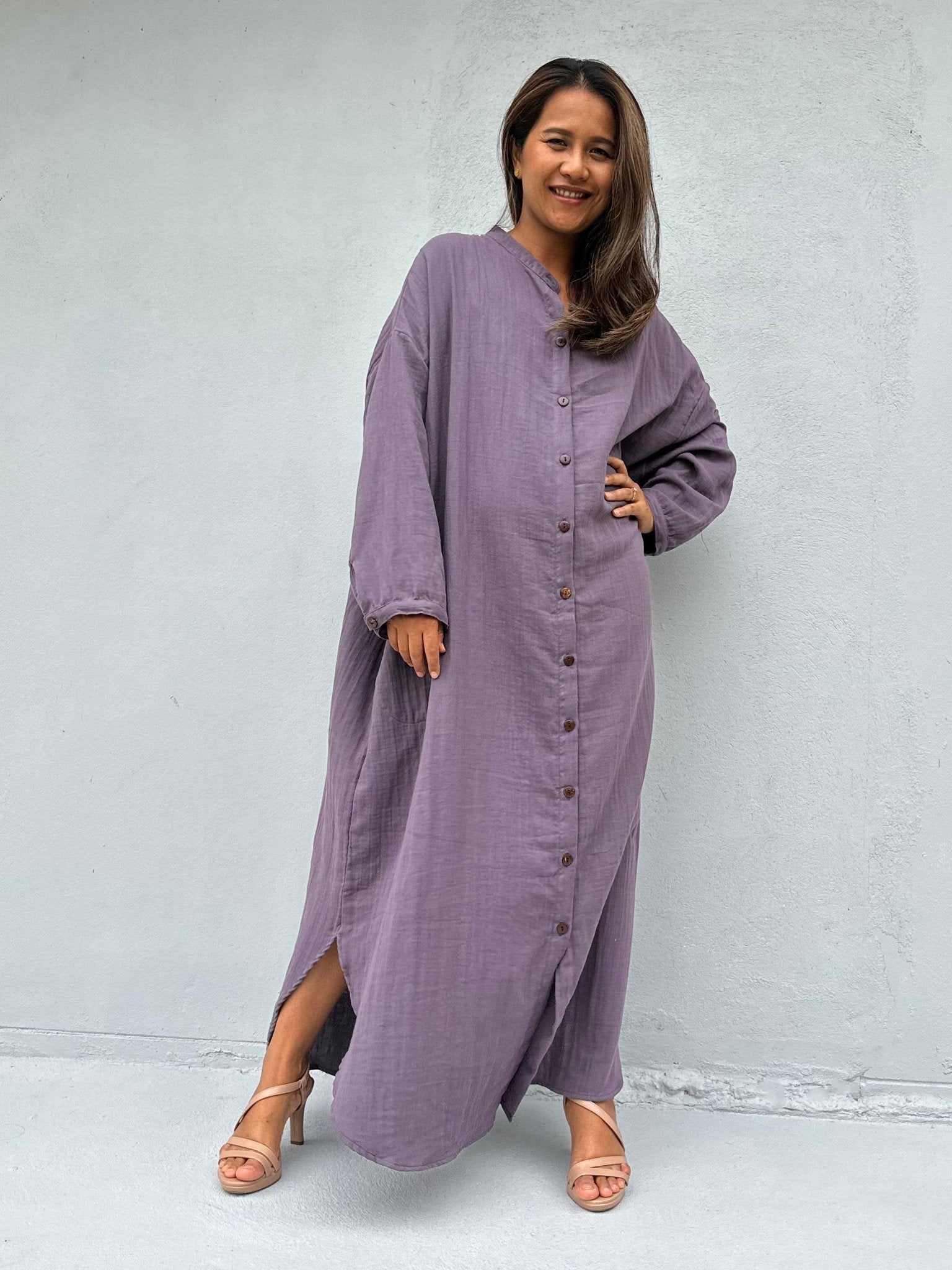 MALA handworks  Aura Double Gauze Cotton Maxi Shirt Dress in Lavender