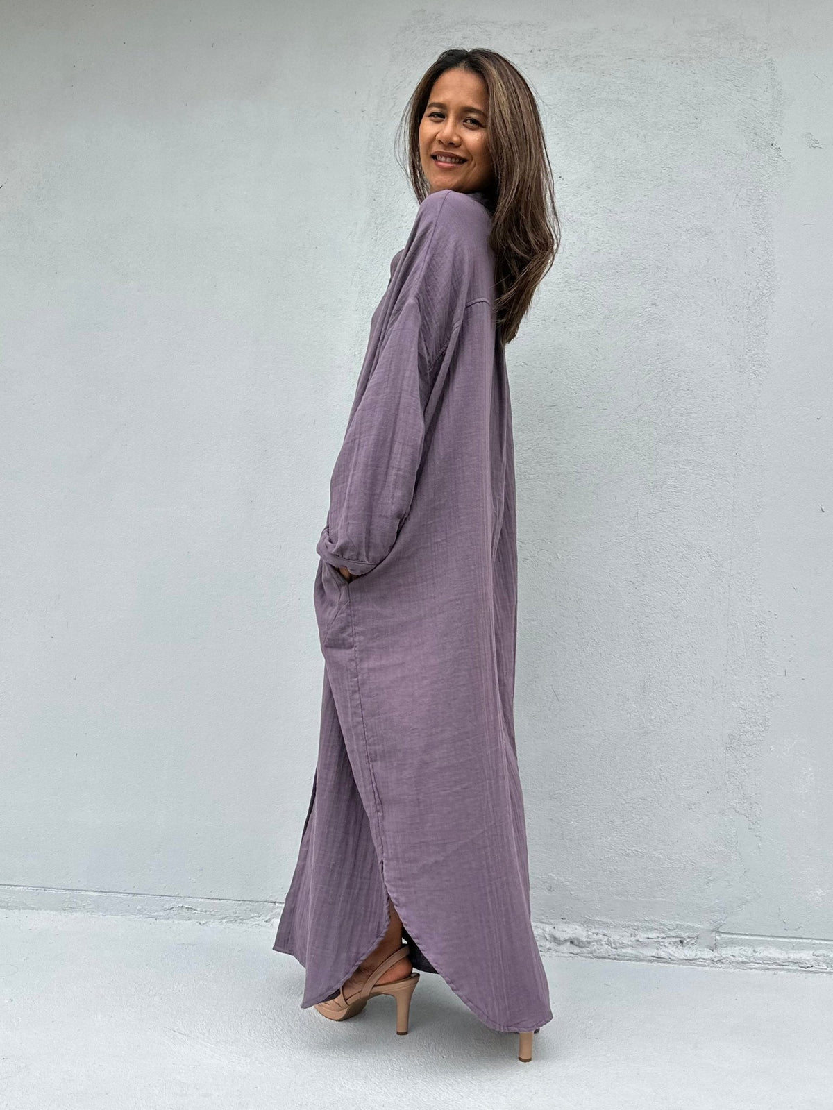 MALA handworks  Aura Double Gauze Cotton Maxi Shirt Dress in Lavender