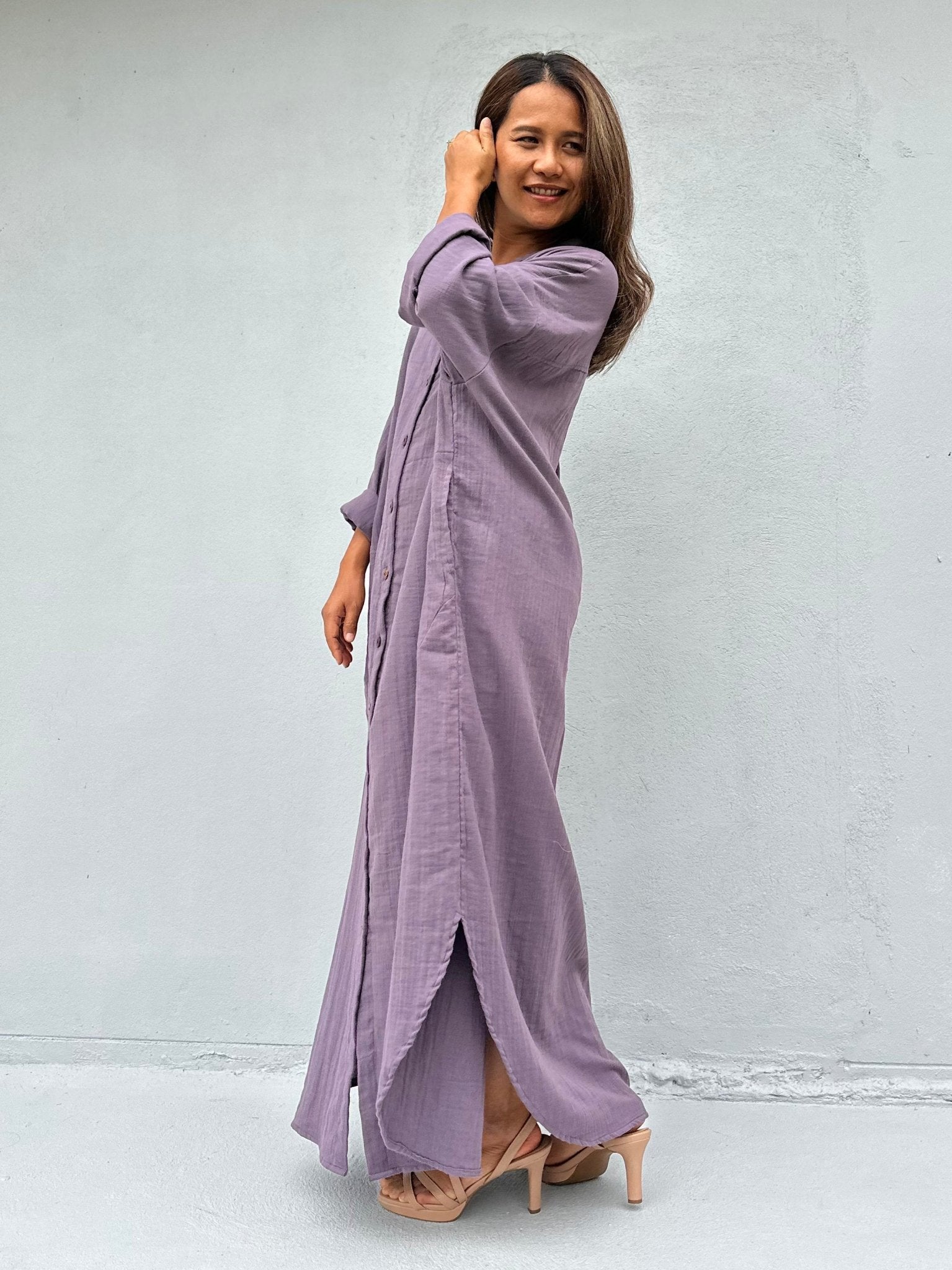 MALA handworks  Aura Double Gauze Cotton Maxi Shirt Dress in Lavender