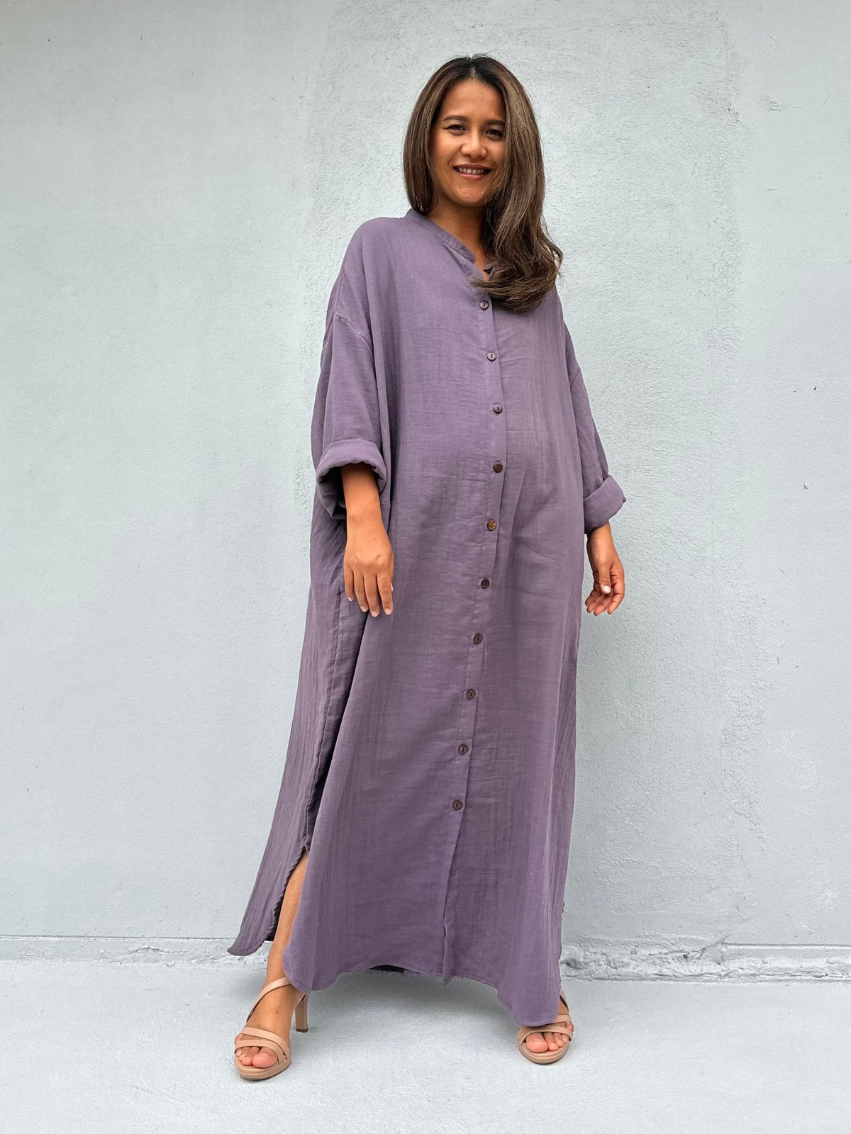 MALA handworks  Aura Double Gauze Cotton Maxi Shirt Dress in Lavender