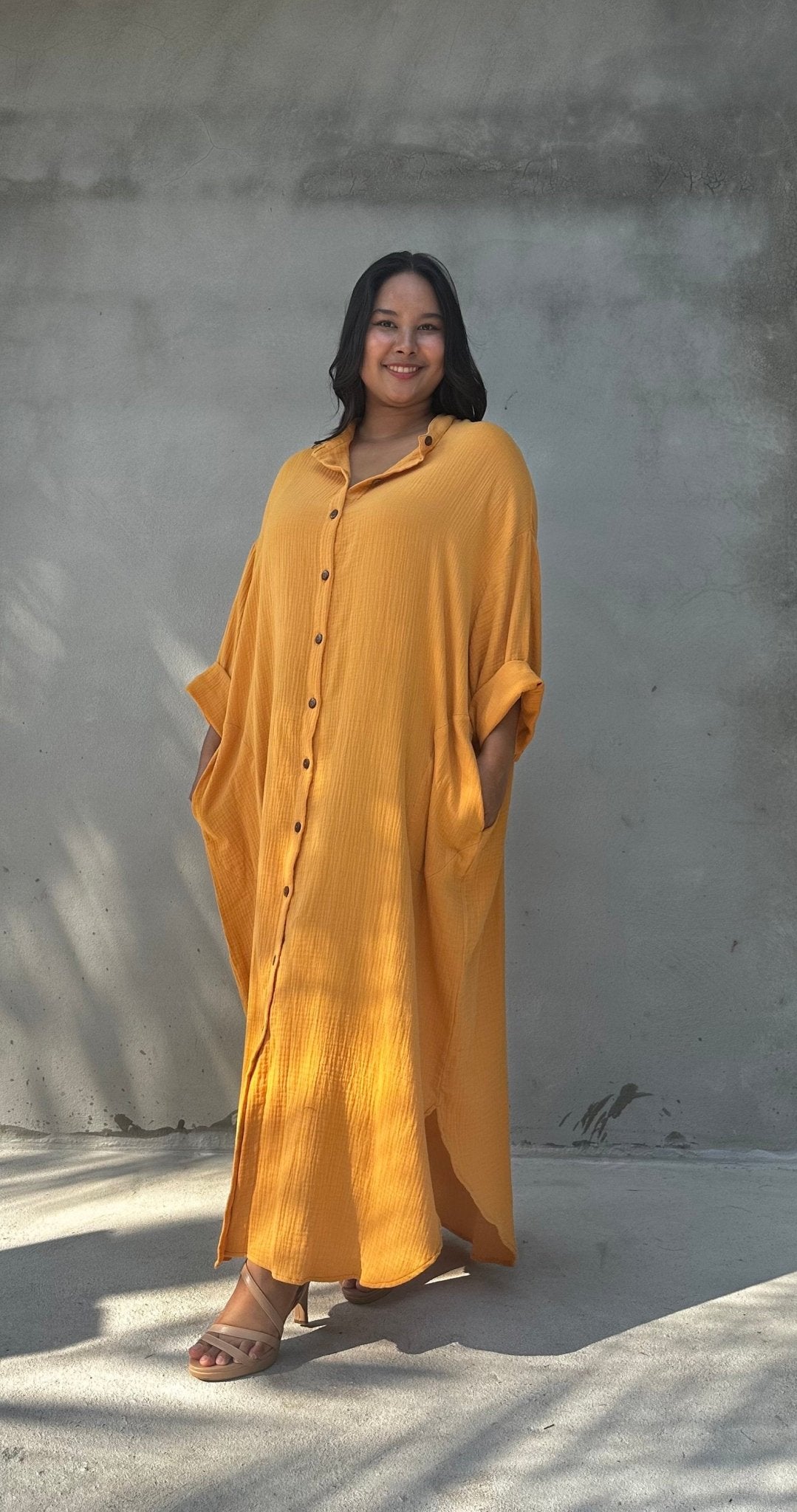 MALA handworks  Aura Double Gauze Cotton Maxi Shirt Dress in Mango Yellow