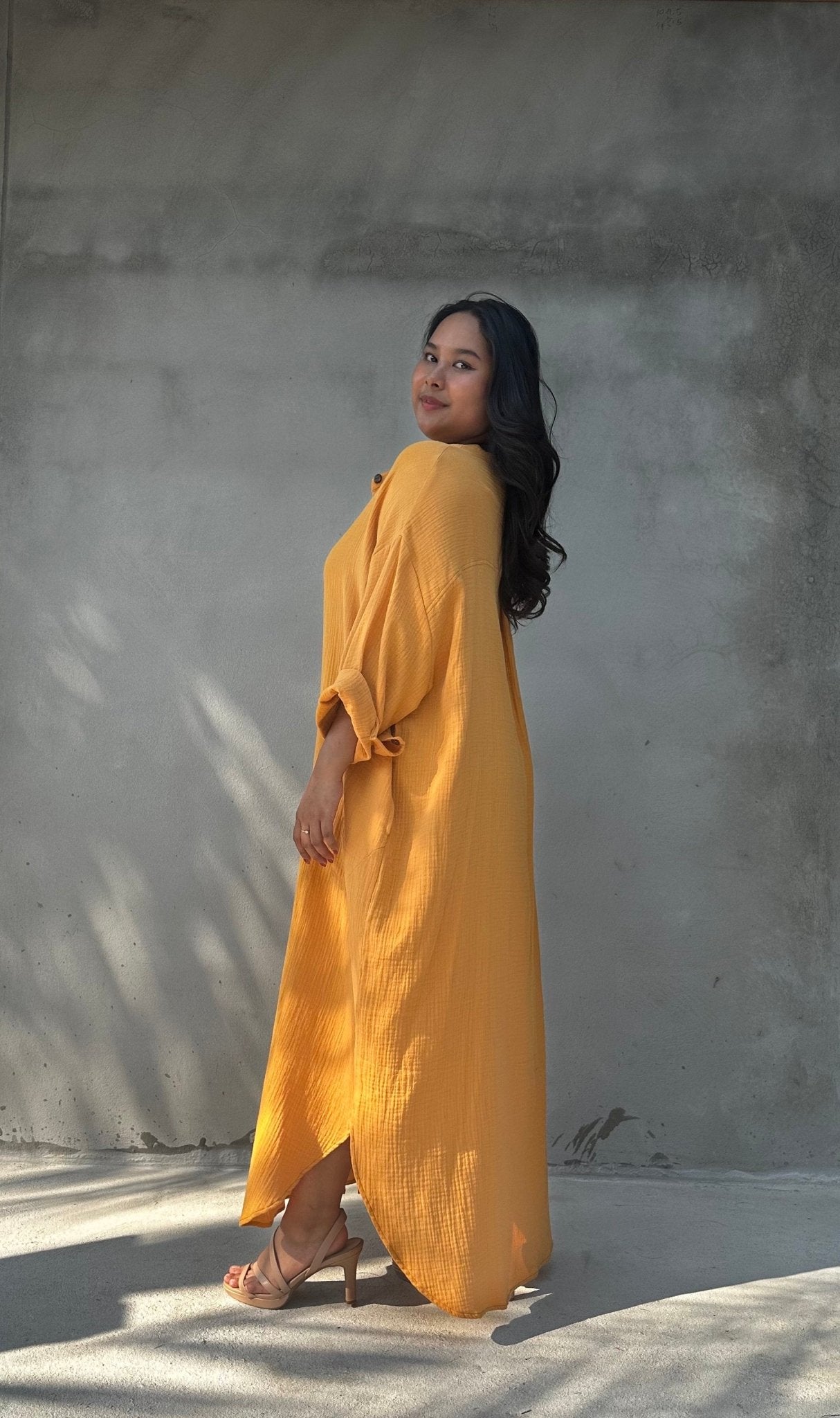 MALA handworks  Aura Double Gauze Cotton Maxi Shirt Dress in Mango Yellow
