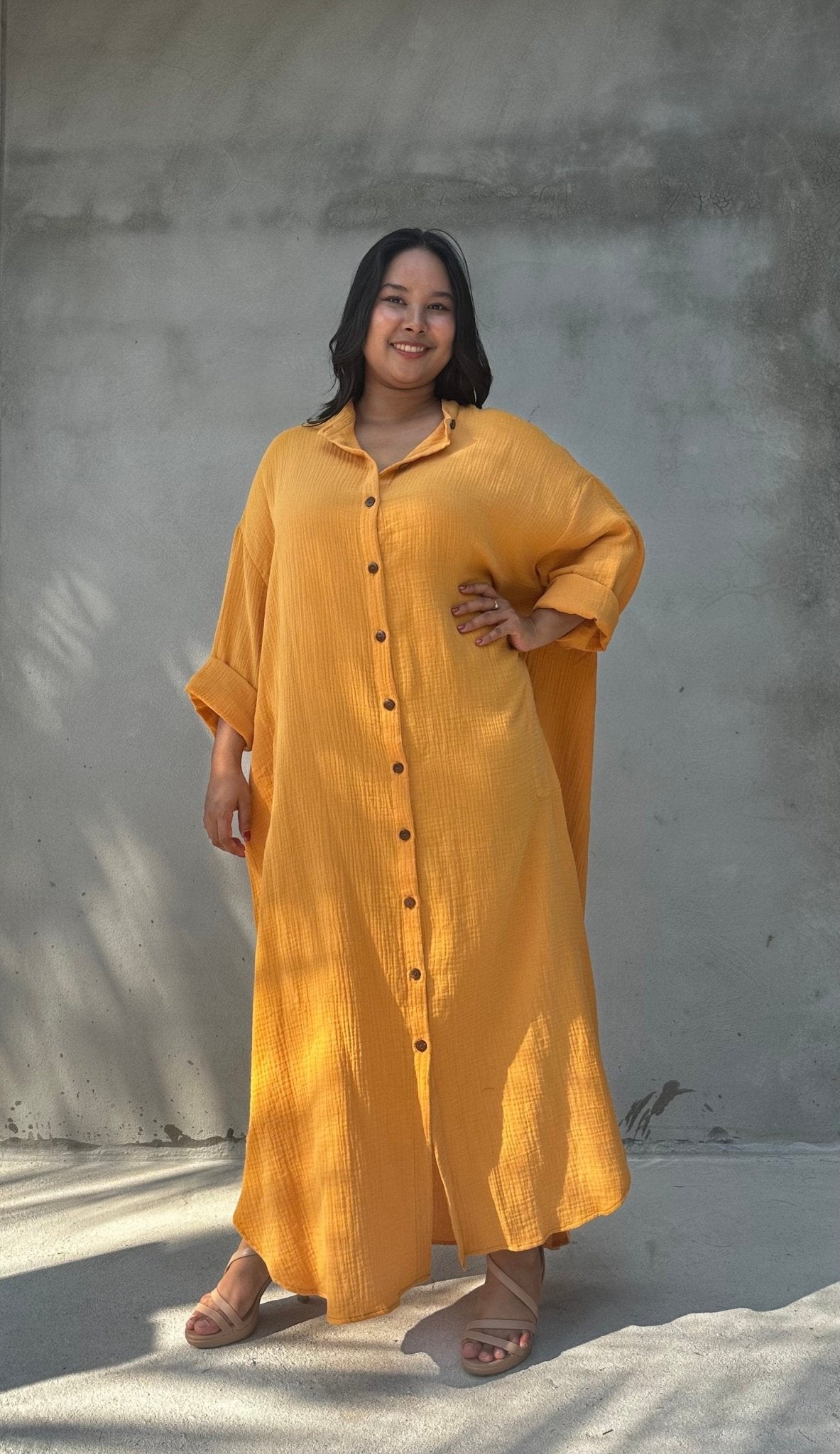 MALA handworks  Aura Double Gauze Cotton Maxi Shirt Dress in Mango Yellow