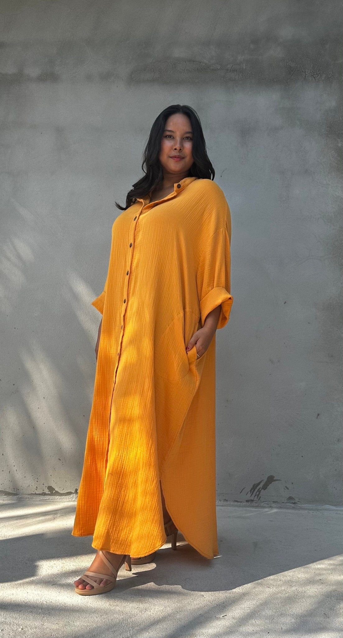 MALA handworks  Aura Double Gauze Cotton Maxi Shirt Dress in Mango Yellow