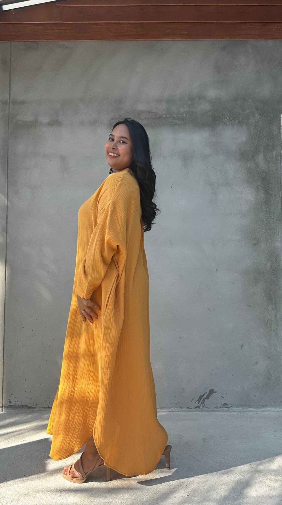 MALA handworks  Aura Double Gauze Cotton Maxi Shirt Dress in Mango Yellow