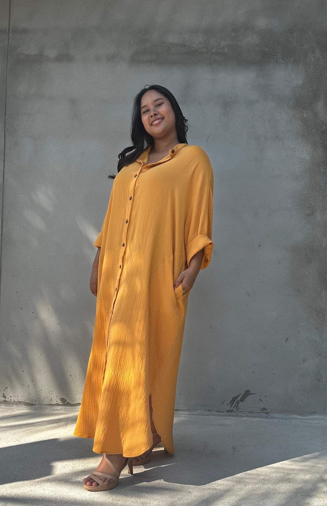 MALA handworks  Aura Double Gauze Cotton Maxi Shirt Dress in Mango Yellow