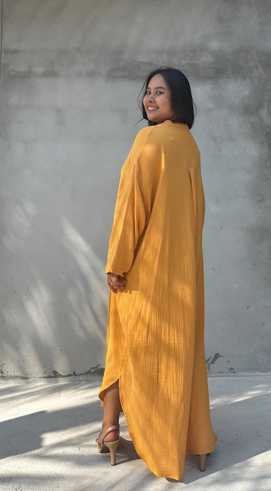 MALA handworks  Aura Double Gauze Cotton Maxi Shirt Dress in Mango Yellow