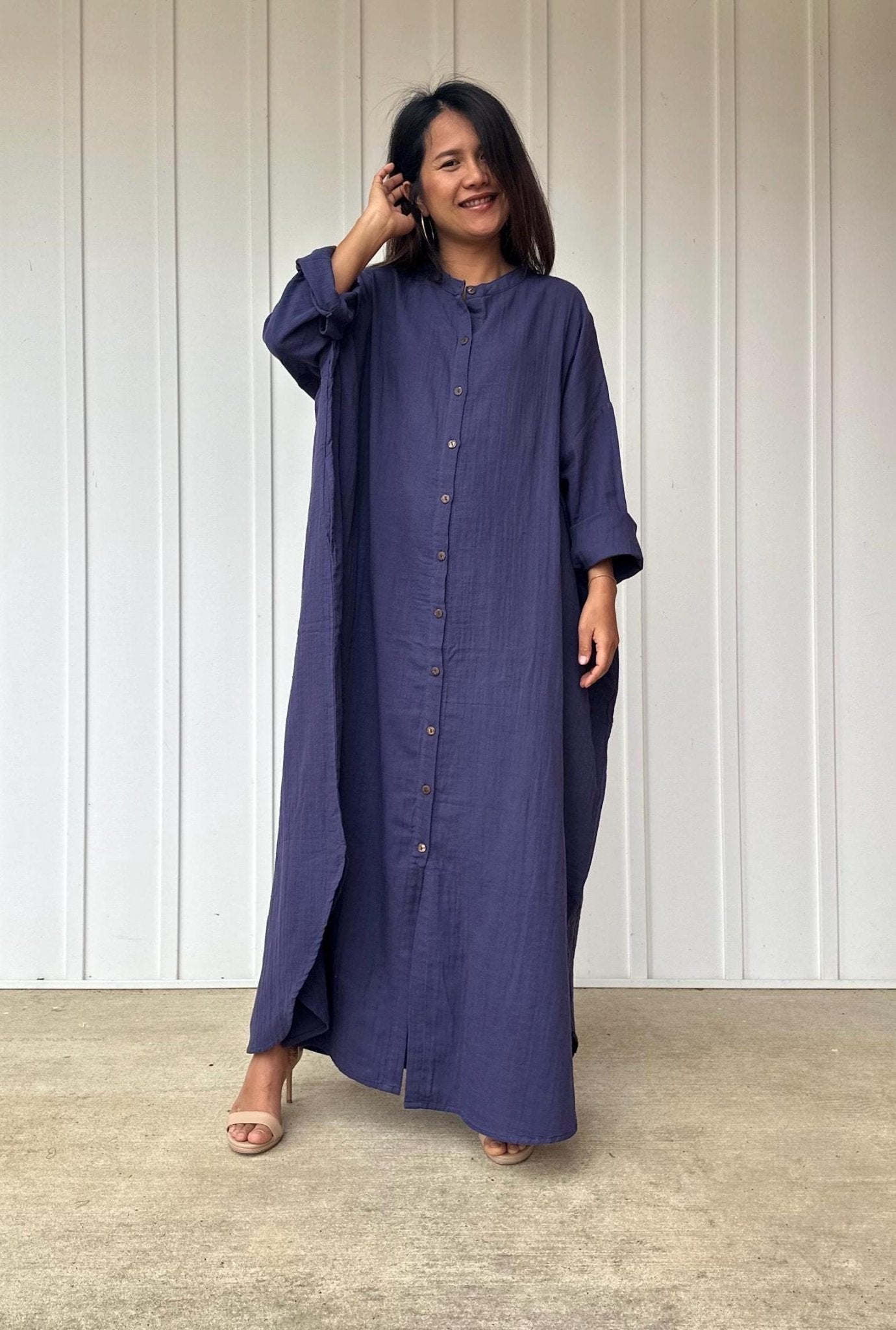 MALA handworks  Aura Double Gauze Cotton Maxi Shirt Dress in Navy Blue