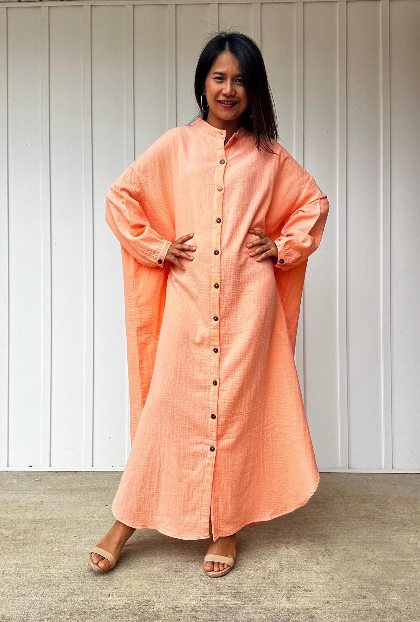 MALA handworks  Aura Double Gauze Cotton Maxi Shirt Dress in Peach
