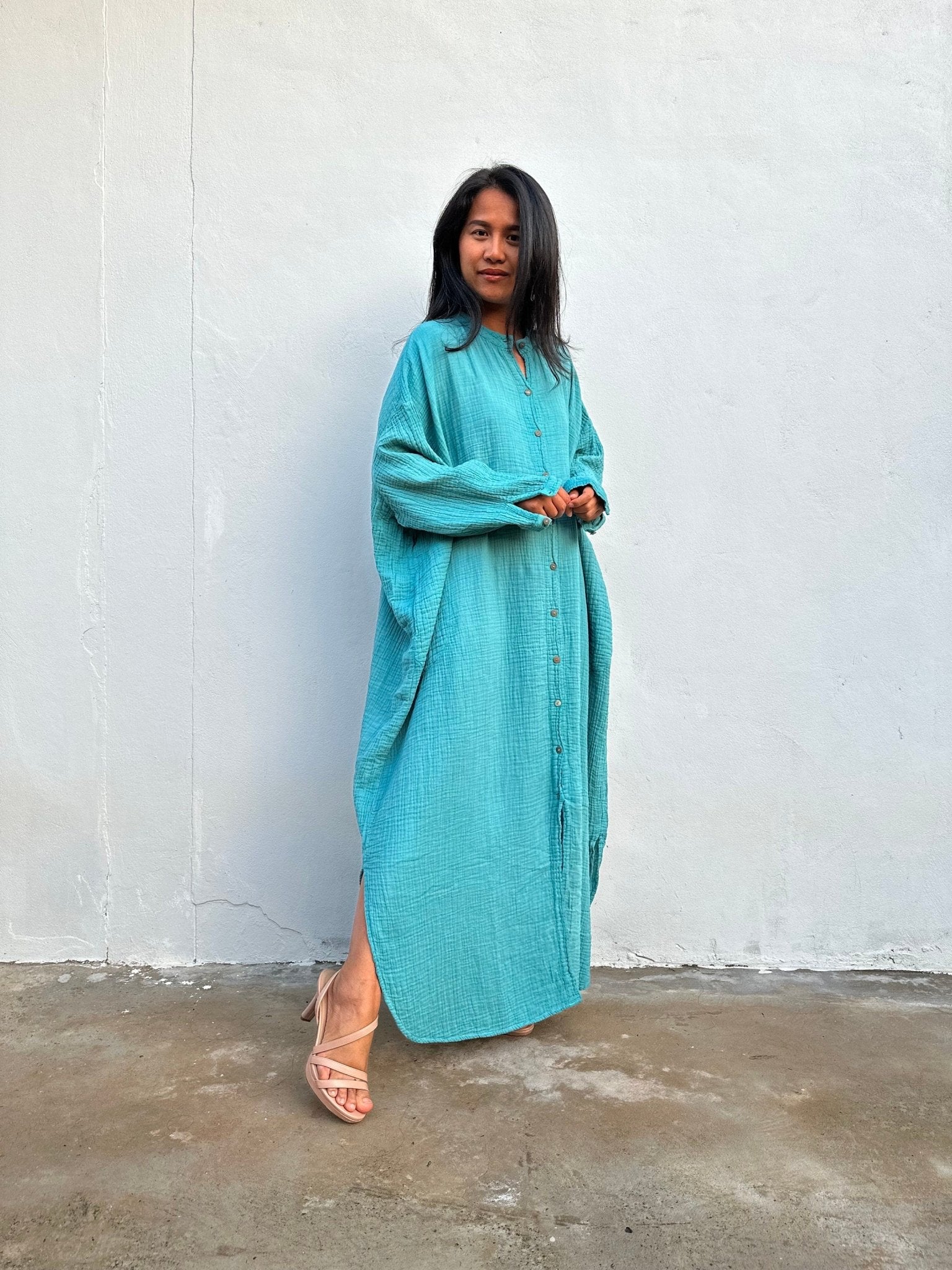 MALA handworks  Aura Double Gauze Cotton Maxi Shirt Dress in Turquoise