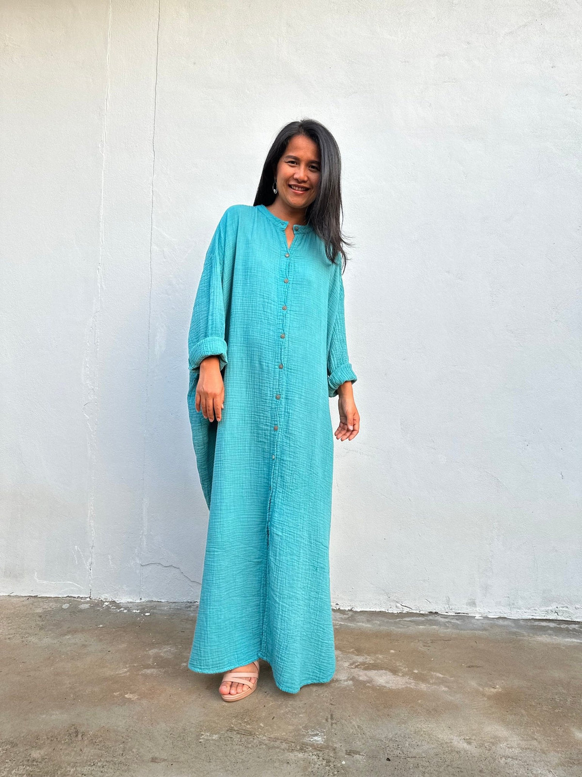MALA handworks  Aura Double Gauze Cotton Maxi Shirt Dress in Turquoise