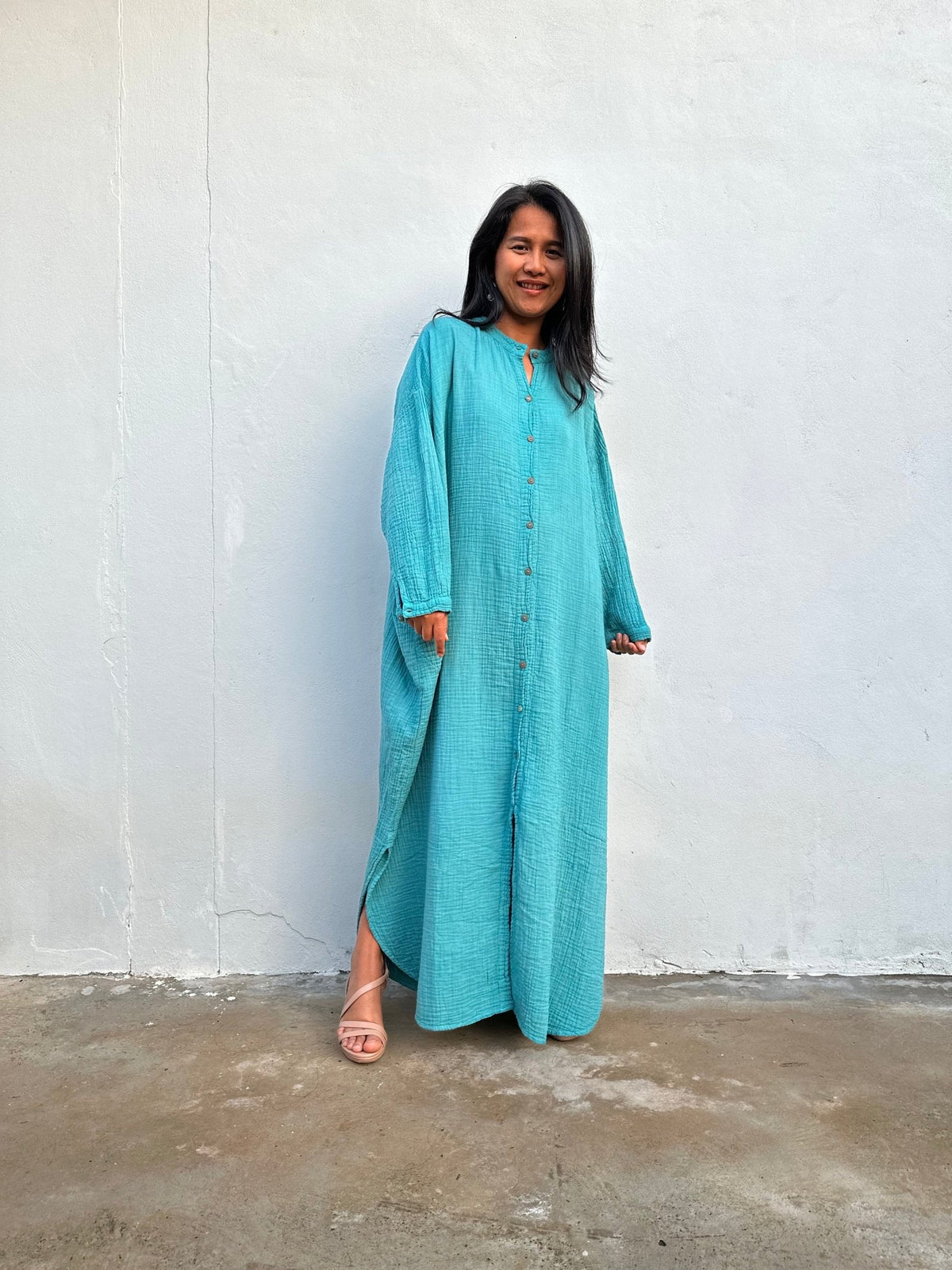 MALA handworks  Aura Double Gauze Cotton Maxi Shirt Dress in Turquoise