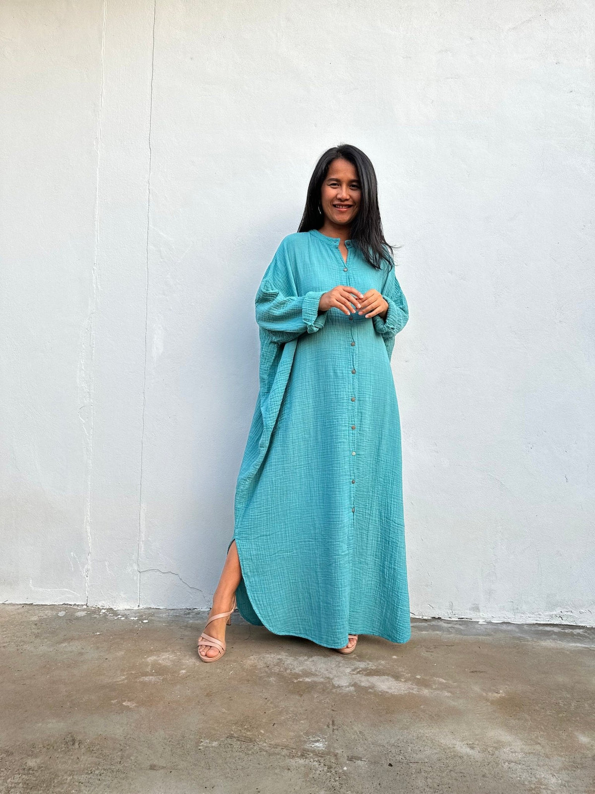 MALA handworks  Aura Double Gauze Cotton Maxi Shirt Dress in Turquoise