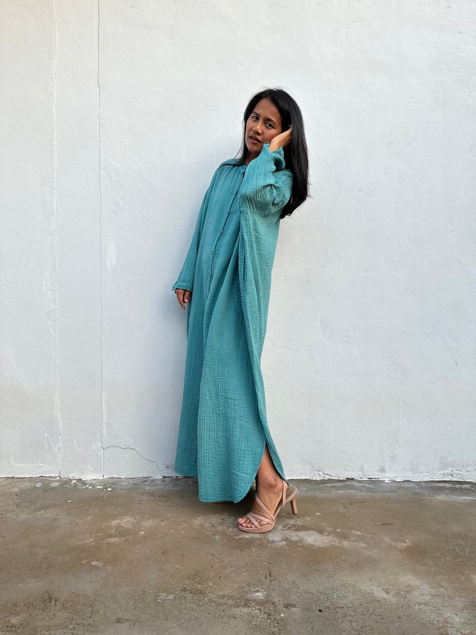 MALA handworks  Aura Double Gauze Cotton Maxi Shirt Dress in Turquoise