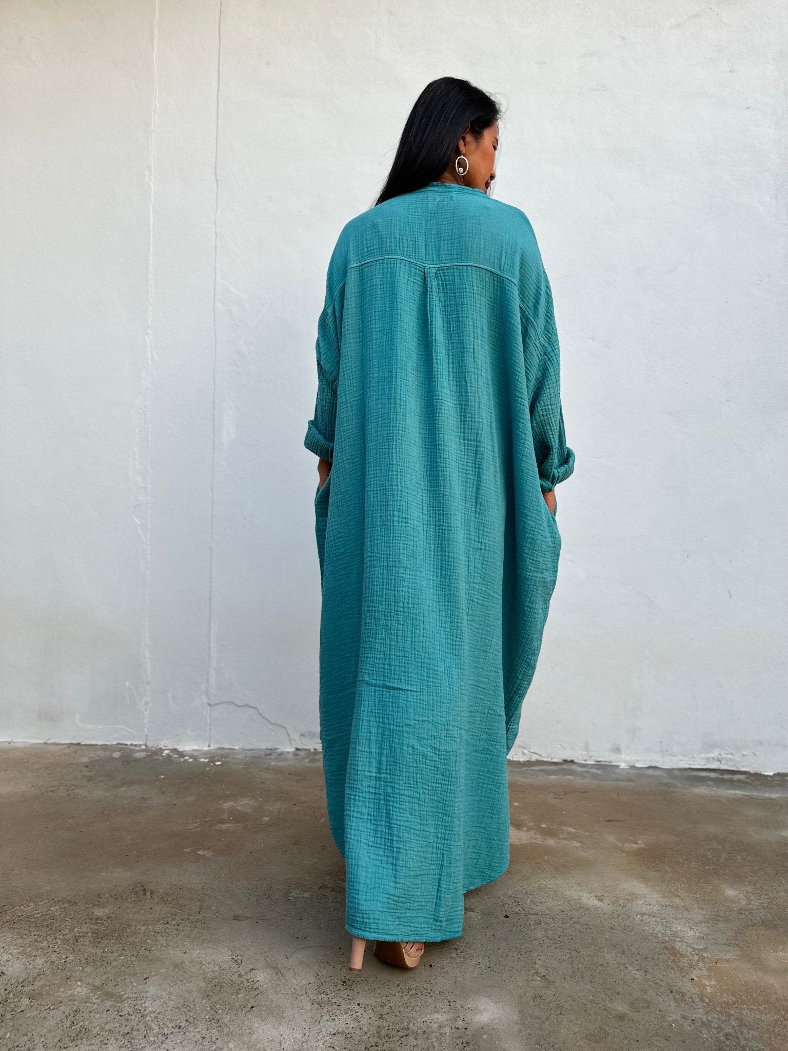 MALA handworks  Aura Double Gauze Cotton Maxi Shirt Dress in Turquoise