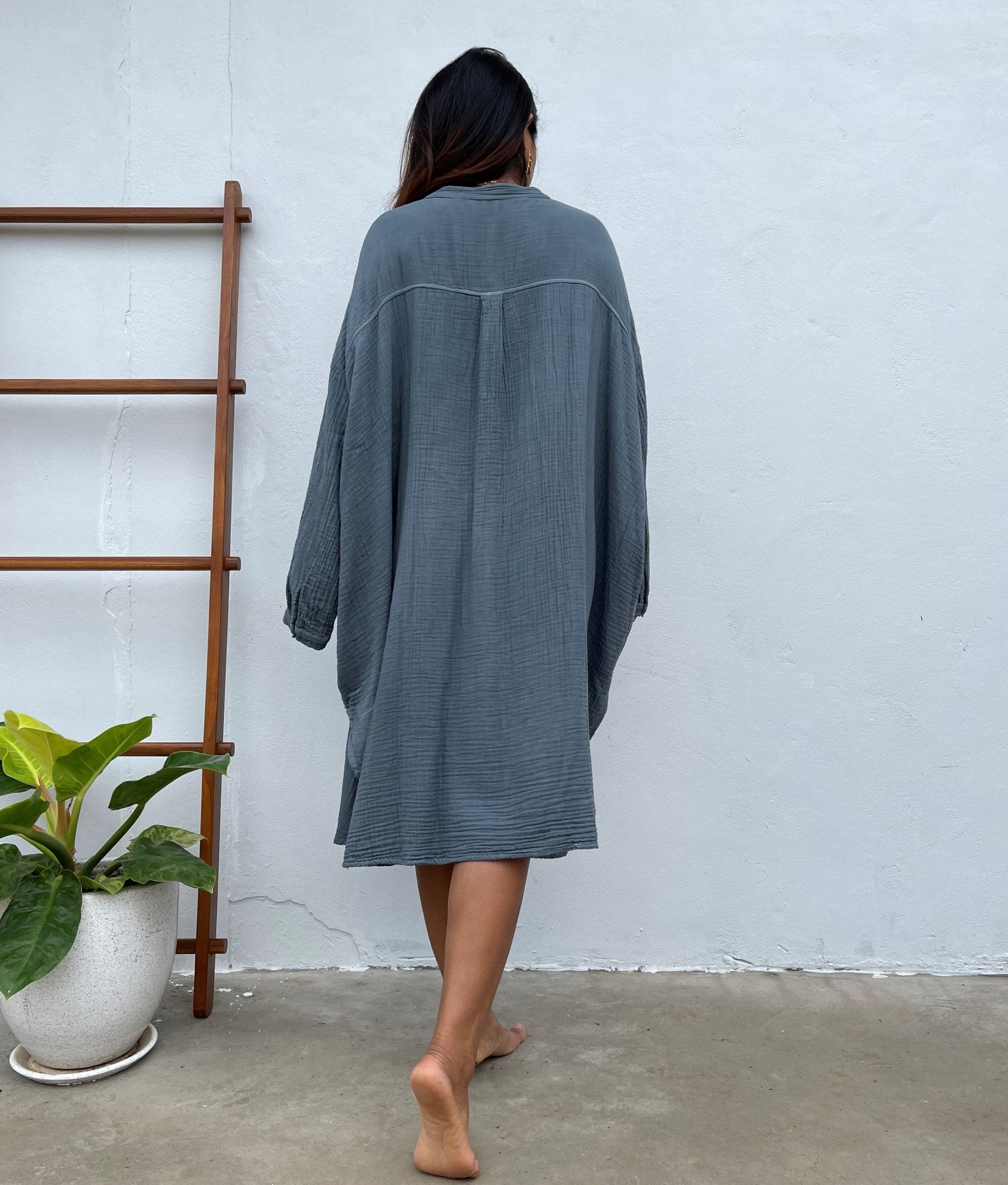 MALA handworks Aura Double Gauze Cotton Midi Shirt Dress in Blue Gray