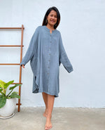 MALA handworks Aura Double Gauze Cotton Midi Shirt Dress in Blue Gray