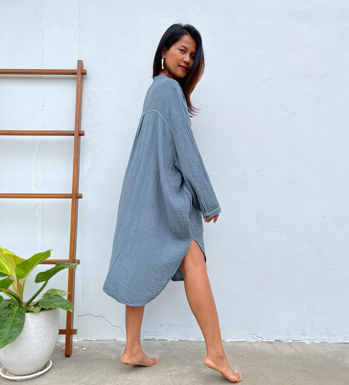 MALA handworks Aura Double Gauze Cotton Midi Shirt Dress in Blue Gray