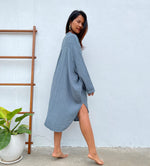 MALA handworks Aura Double Gauze Cotton Midi Shirt Dress in Blue Gray
