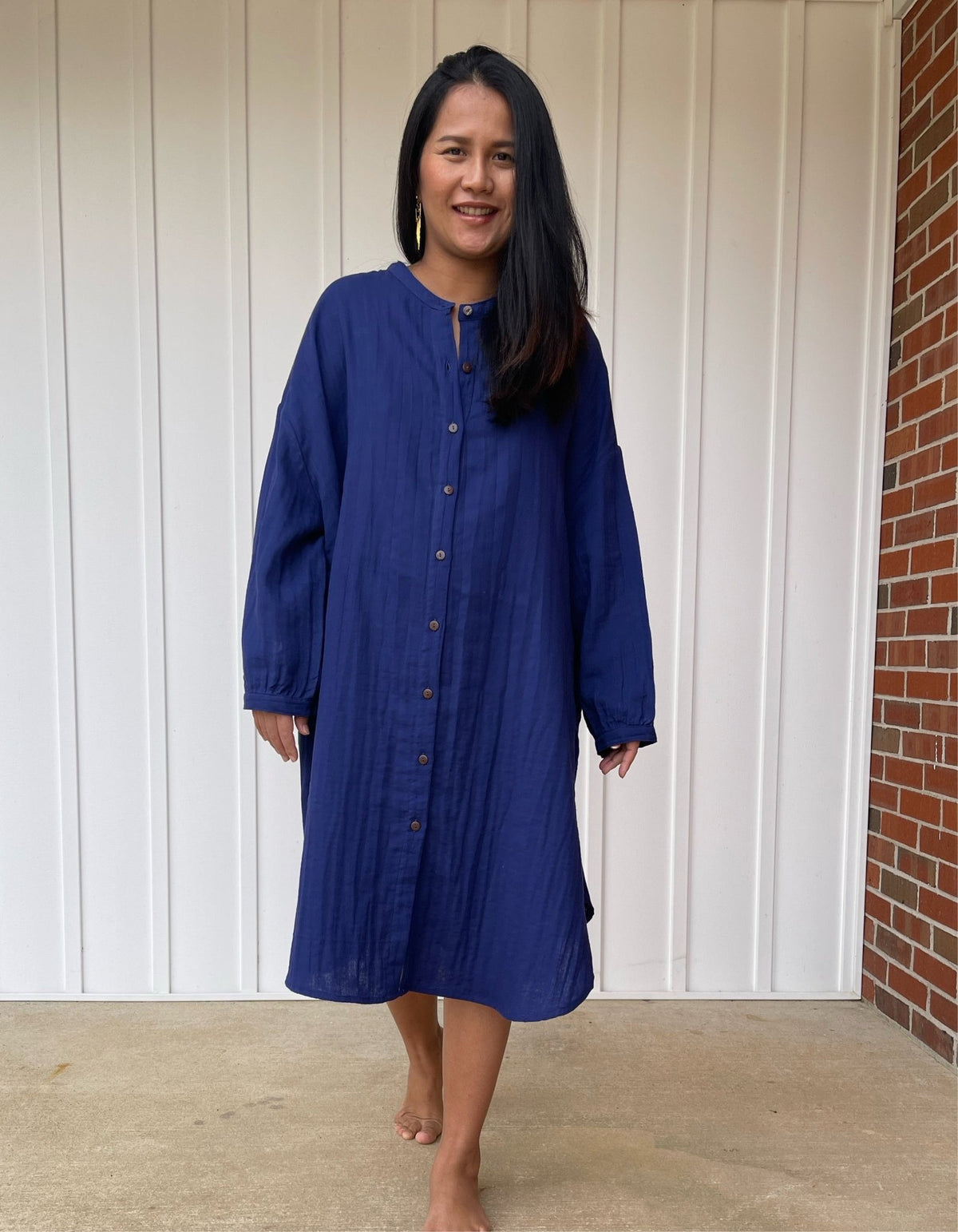 MALA handworks Aura Double Gauze Cotton Midi Shirt Dress in Sapphire Blue