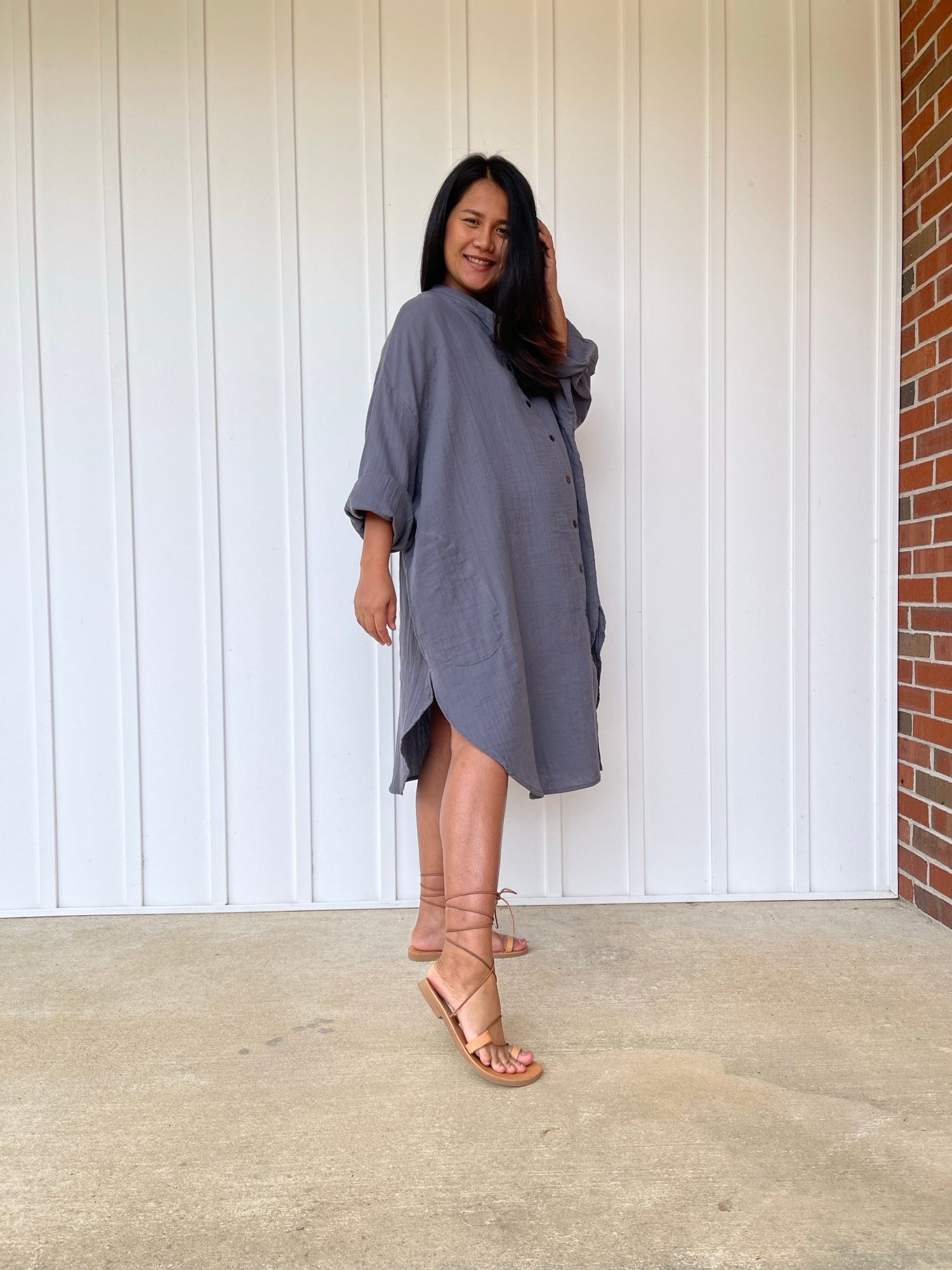 MALA handworks 41 in. Aura Double Gauze Cotton Midi Shirt Dress in Gray