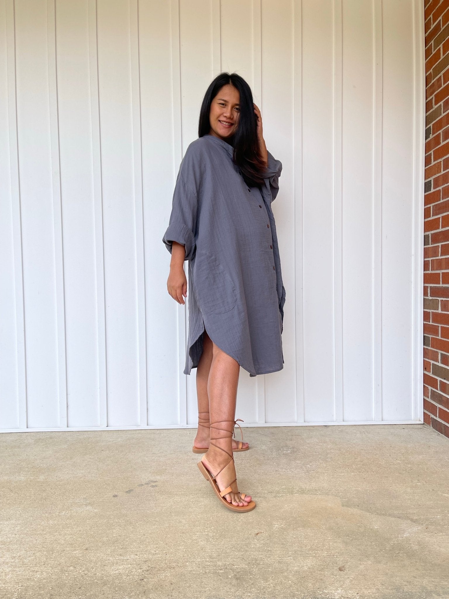 MALA handworks 41 in. Aura Double Gauze Cotton Midi Shirt Dress in Gray