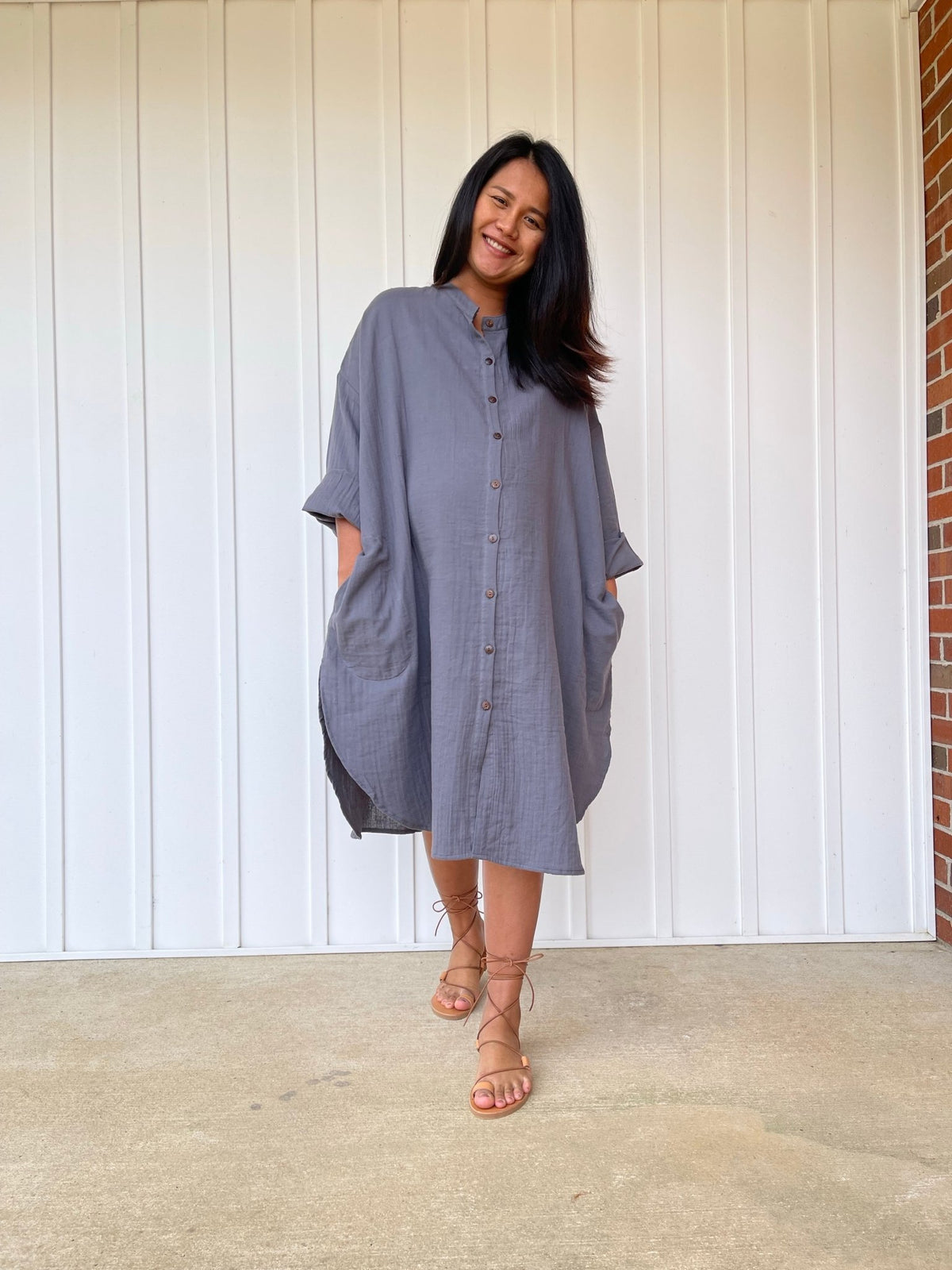 MALA handworks 41 in. Aura Double Gauze Cotton Midi Shirt Dress in Gray