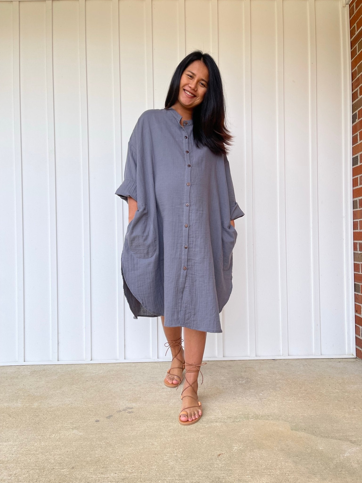 MALA handworks 41 in. Aura Double Gauze Cotton Midi Shirt Dress in Gray