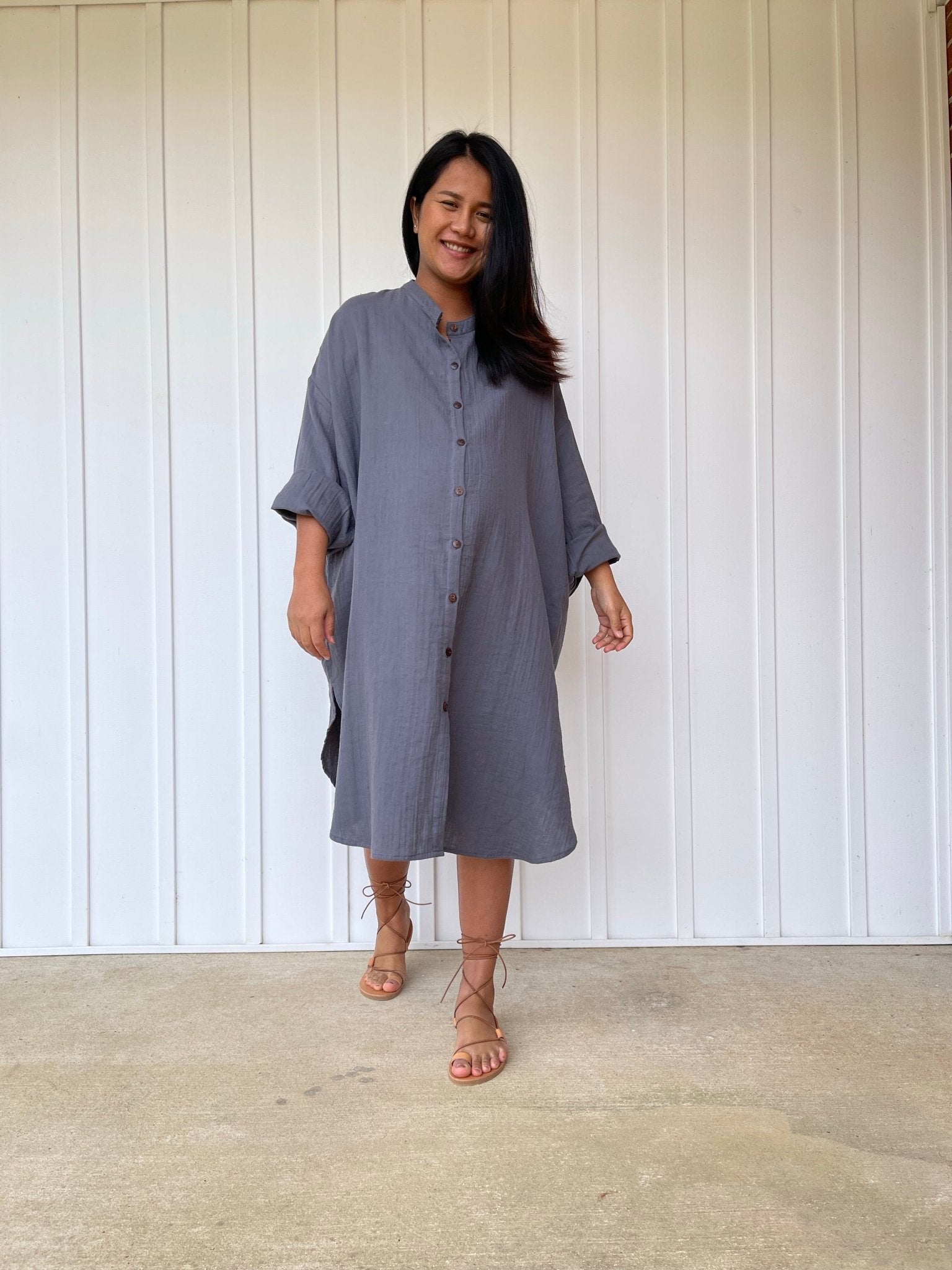 MALA handworks 41 in. Aura Double Gauze Cotton Midi Shirt Dress in Gray