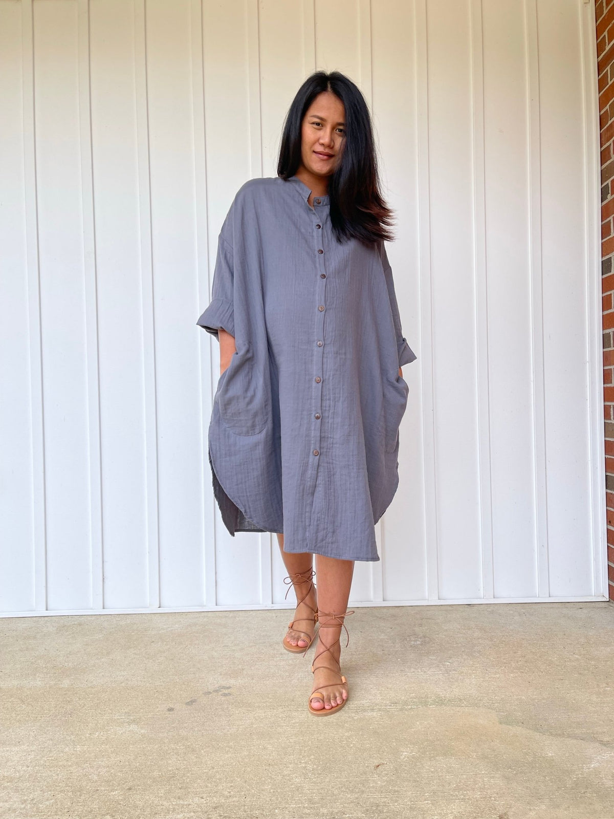 MALA handworks 41 in. Aura Double Gauze Cotton Midi Shirt Dress in Gray