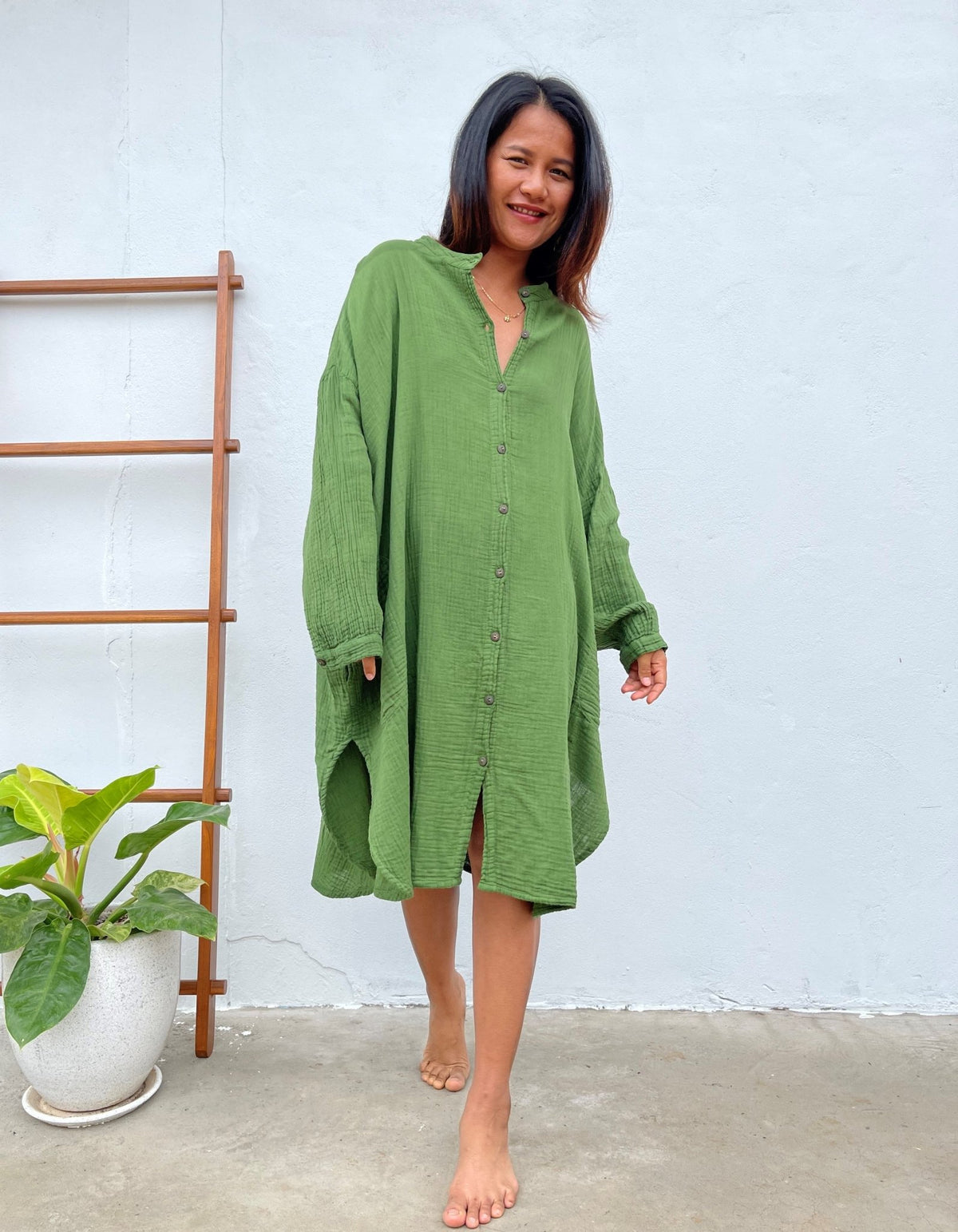 MALA handworks Aura Double Gauze Cotton Midi Shirt Dress in Sage Green