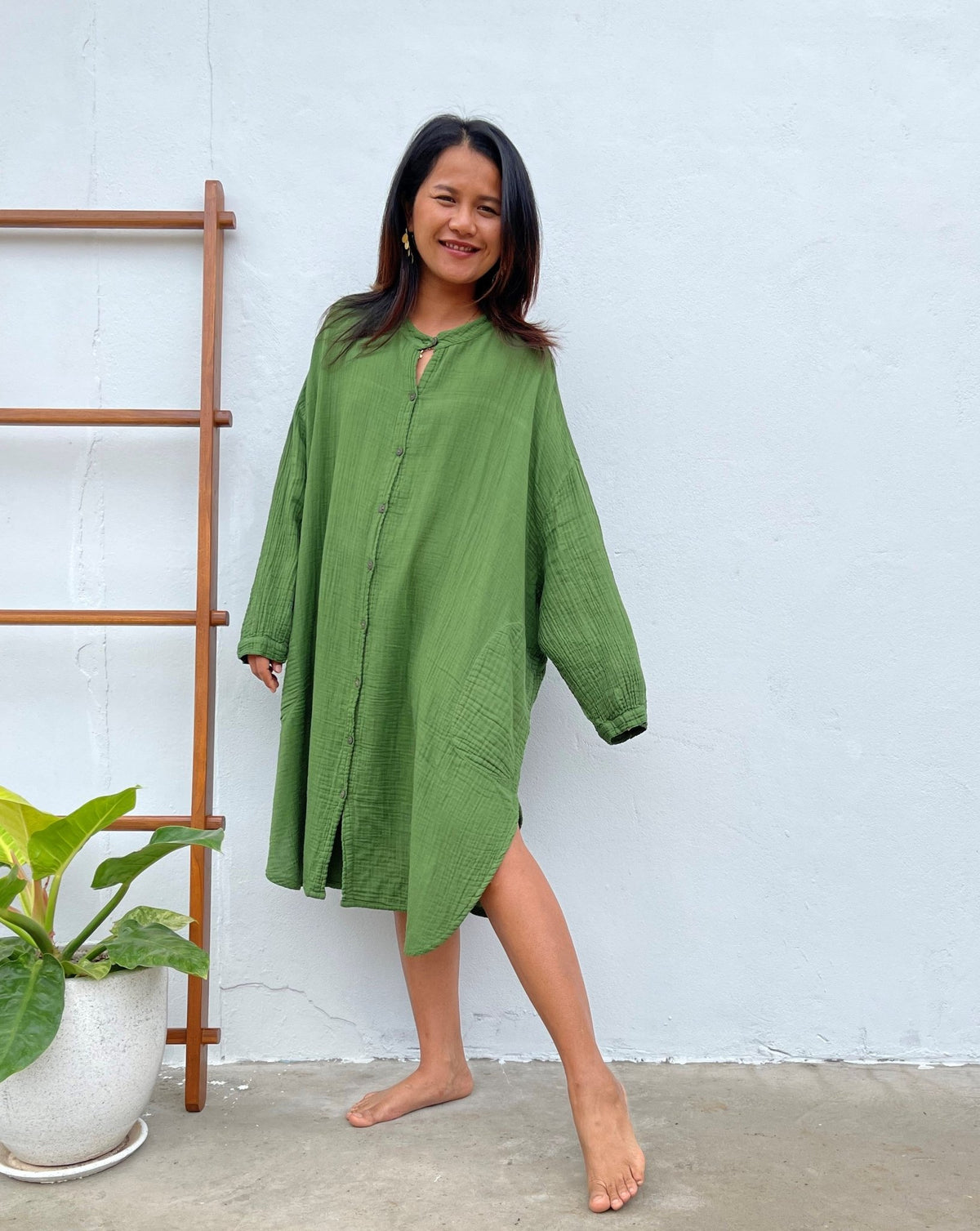 MALA handworks Aura Double Gauze Cotton Midi Shirt Dress in Sage Green