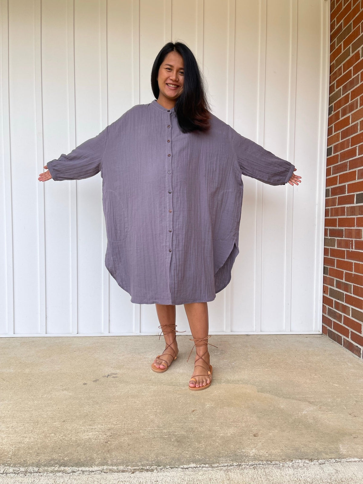 MALA handworks 41 in. Aura Double Gauze Cotton Midi Shirt Dress in Lavender Purple