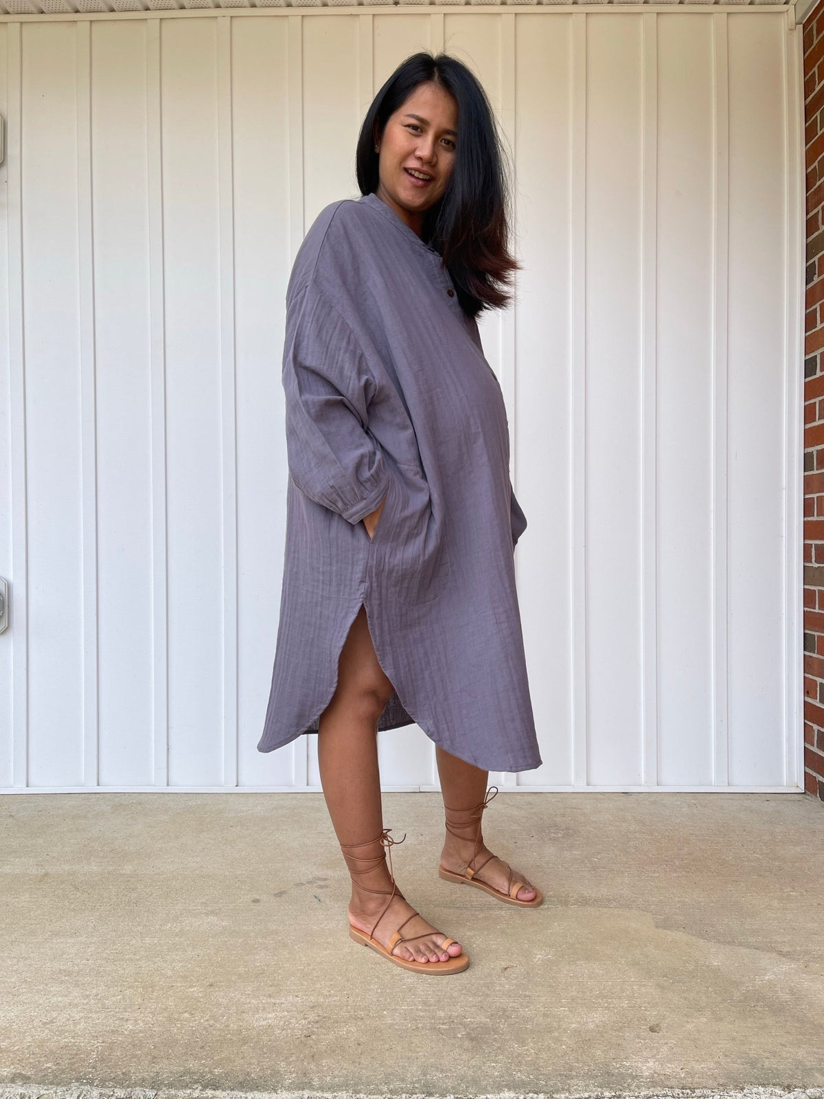 MALA handworks 41 in. Aura Double Gauze Cotton Midi Shirt Dress in Lavender Purple