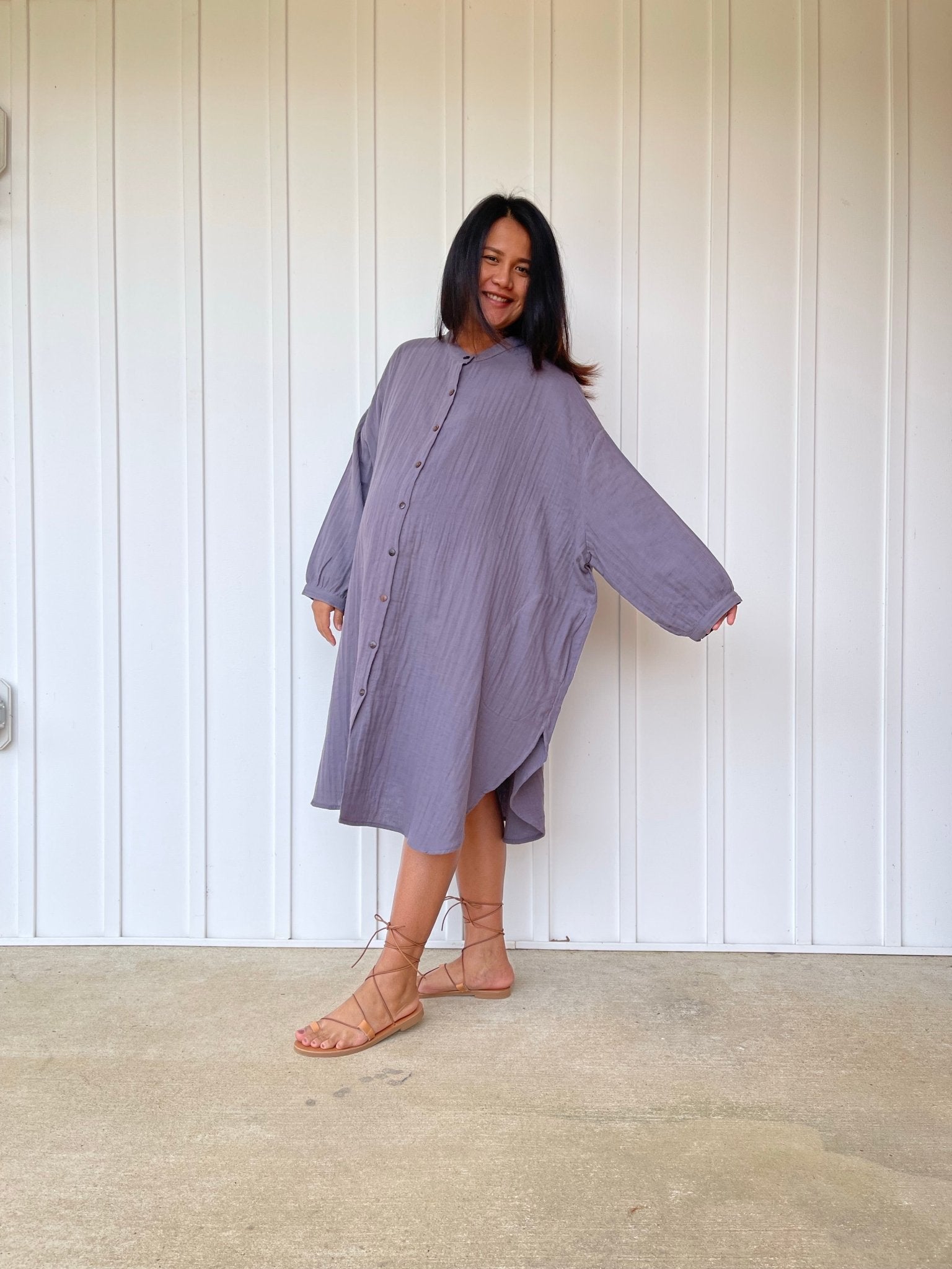 MALA handworks 41 in. Aura Double Gauze Cotton Midi Shirt Dress in Lavender Purple