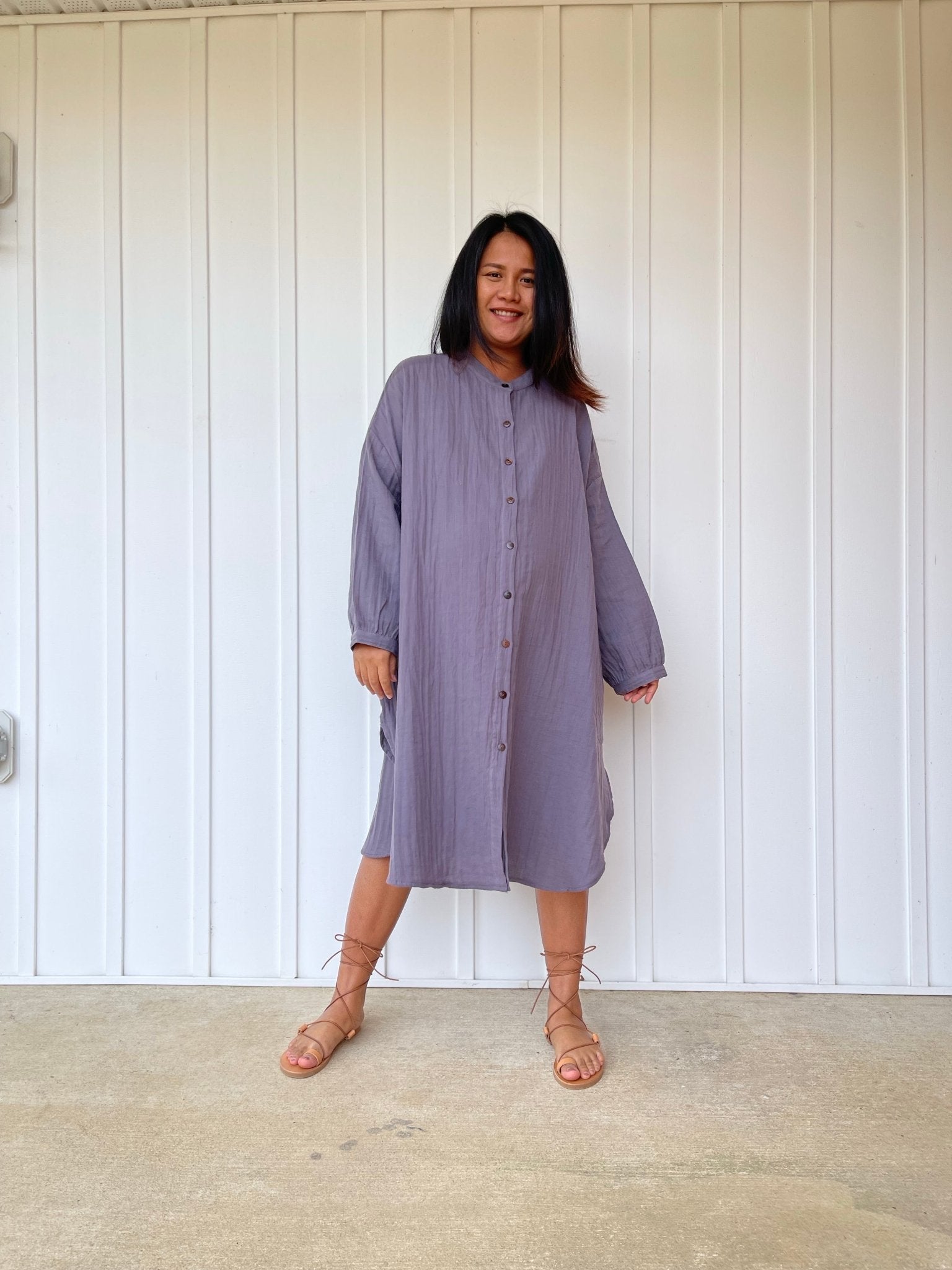 MALA handworks 41 in. Aura Double Gauze Cotton Midi Shirt Dress in Lavender Purple