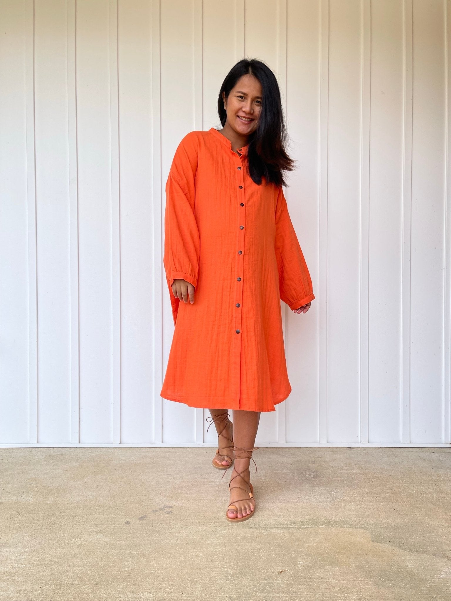 MALA handworks 41 in. Aura Double Gauze Cotton Midi Shirt Dress in Orange