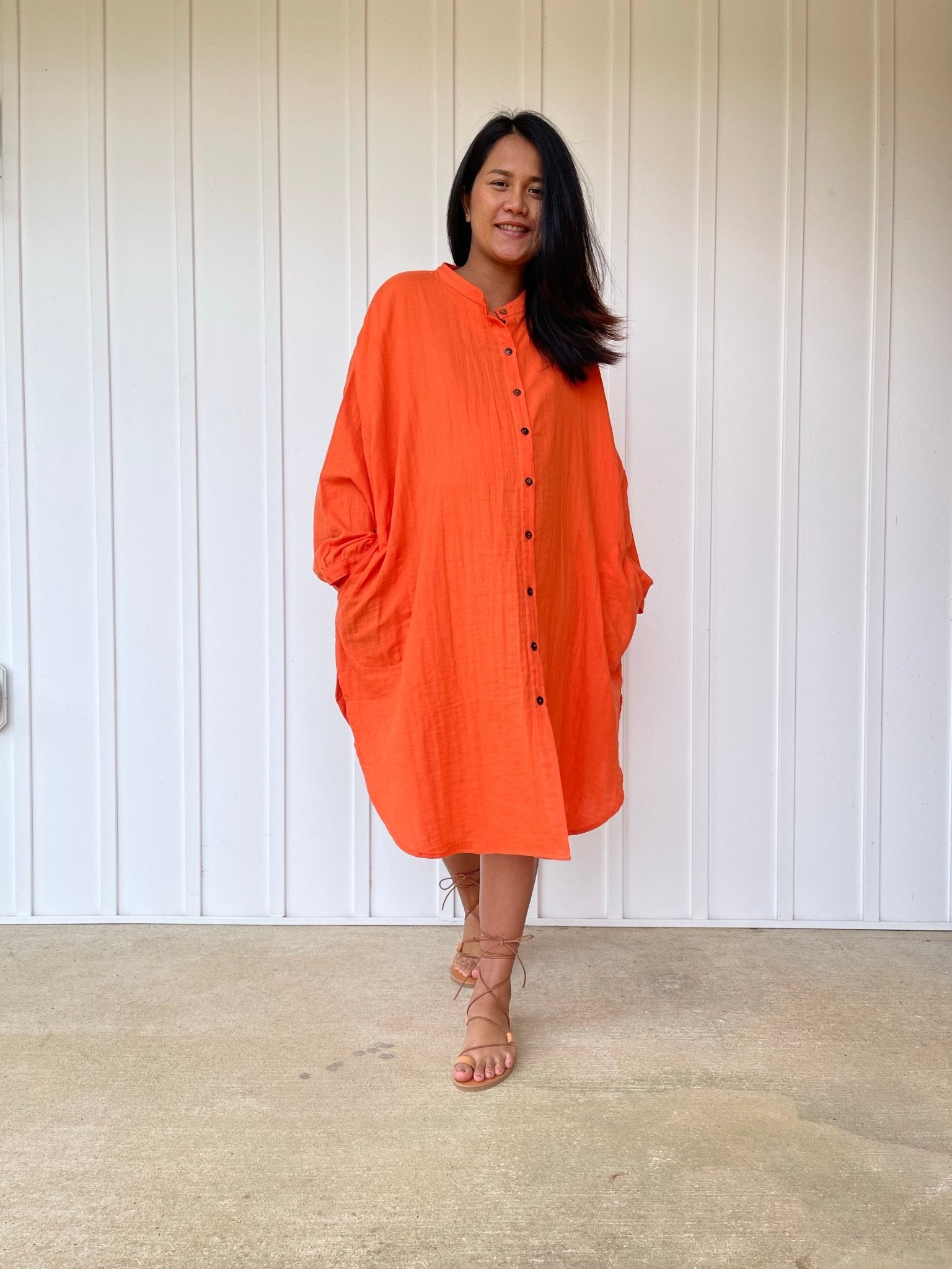MALA handworks 41 in. Aura Double Gauze Cotton Midi Shirt Dress in Orange