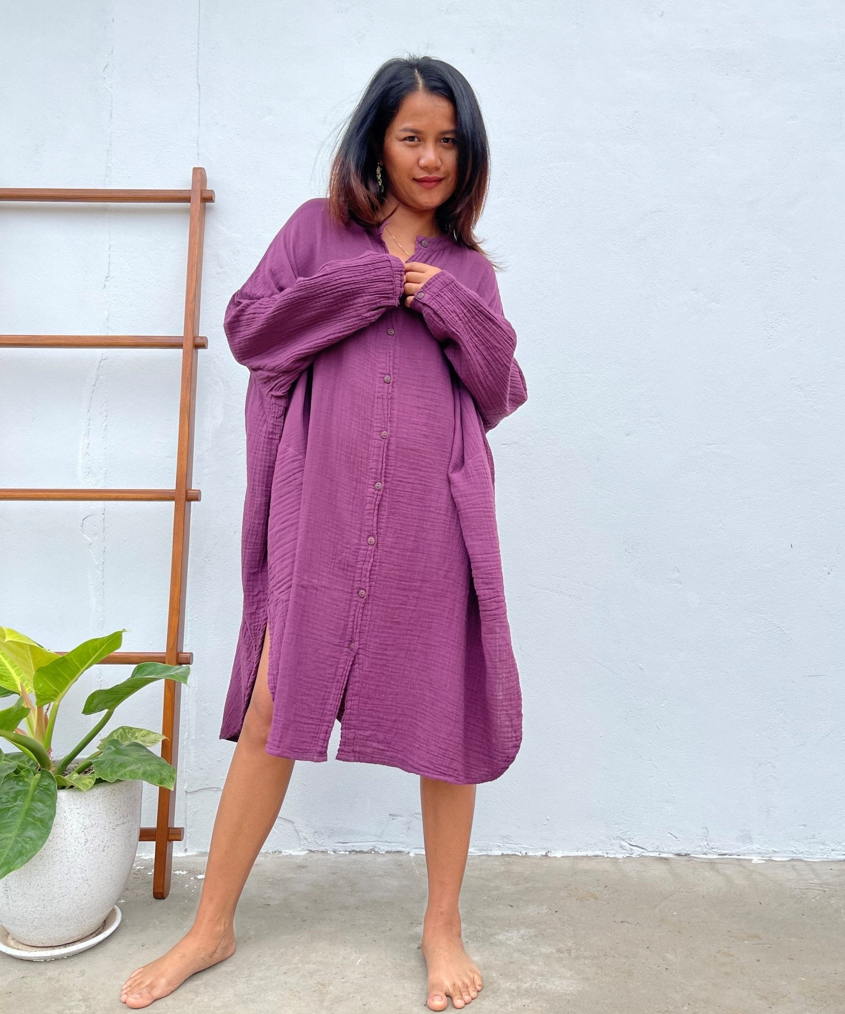 MALA handworks 41 in. Aura Double Gauze Cotton Midi Shirt Dress in Purple