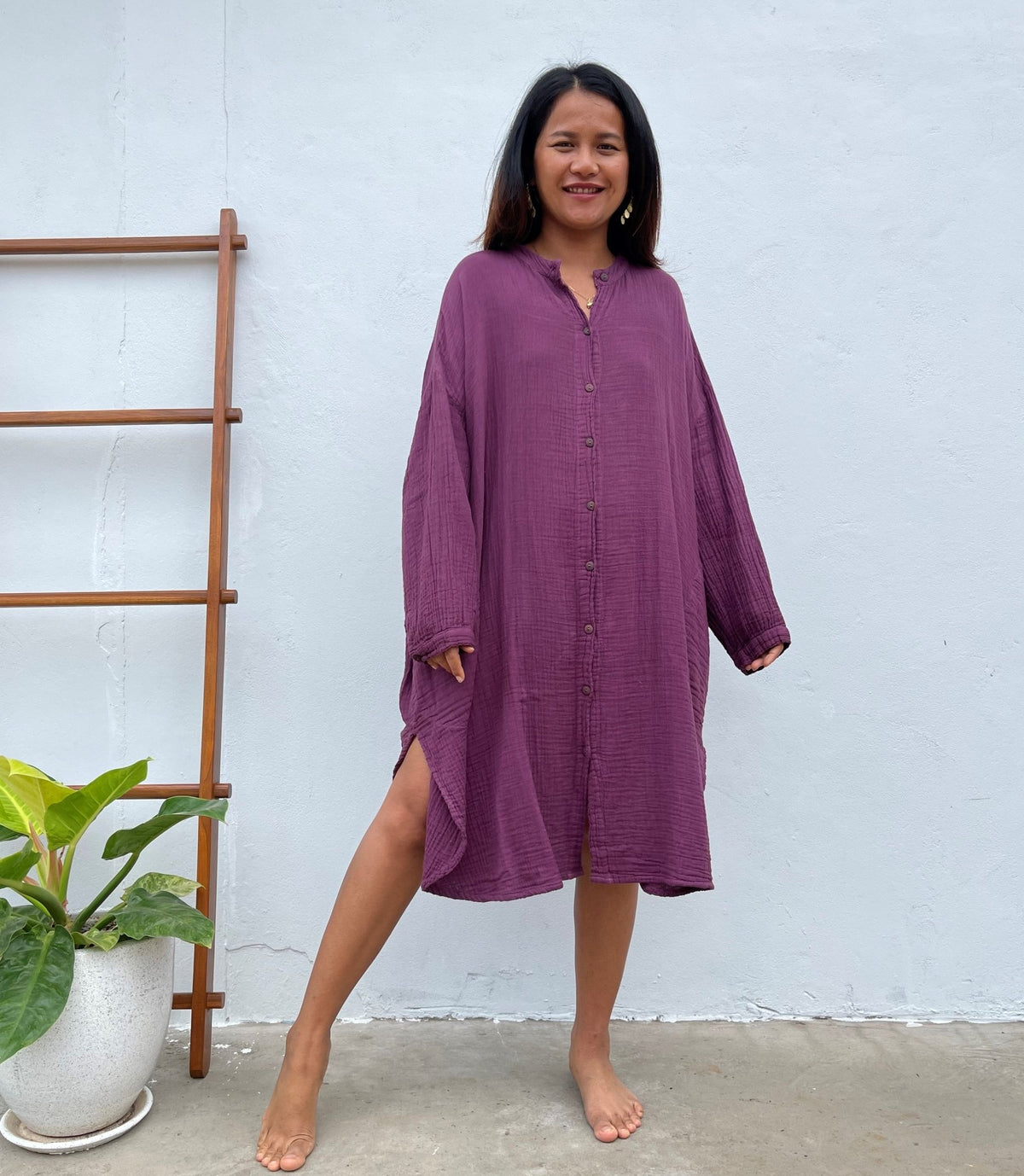 MALA handworks 41 in. Aura Double Gauze Cotton Midi Shirt Dress in Purple