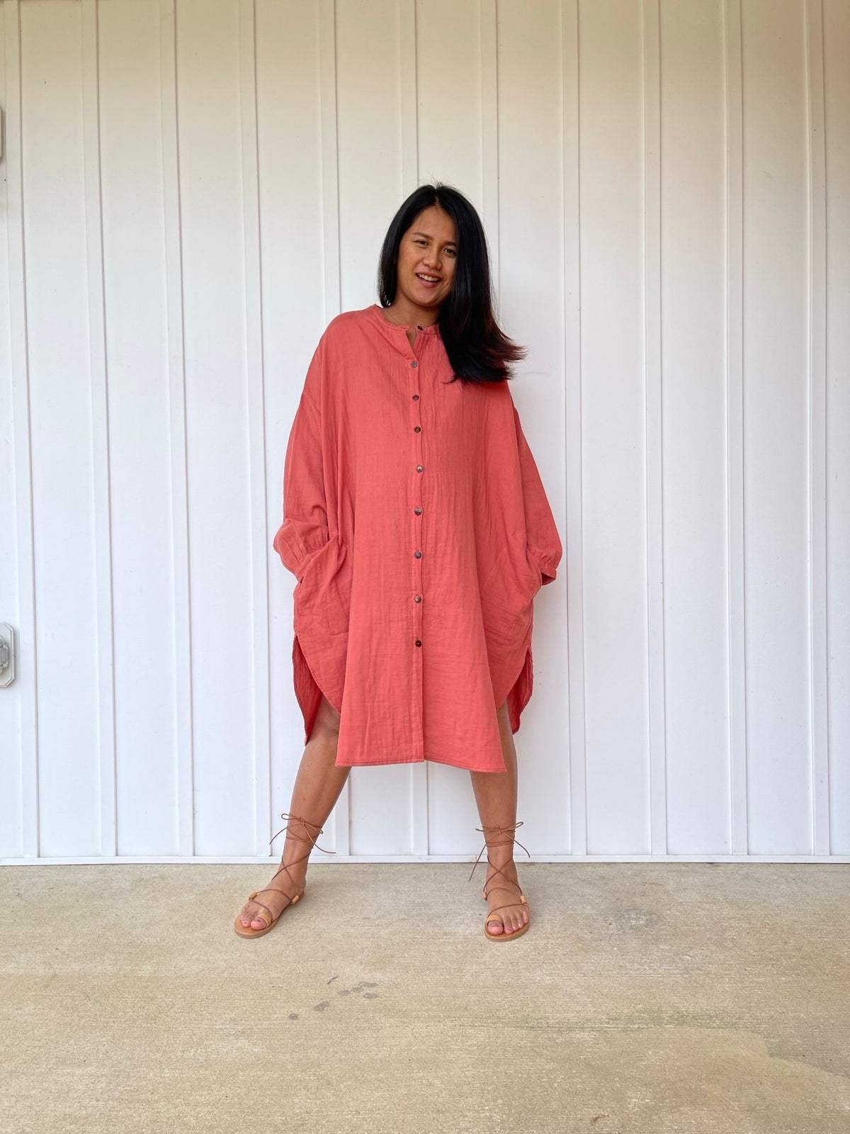 MALA handworks 41 in. Aura Double Gauze Cotton Midi Shirt Dress in Salmon Pink