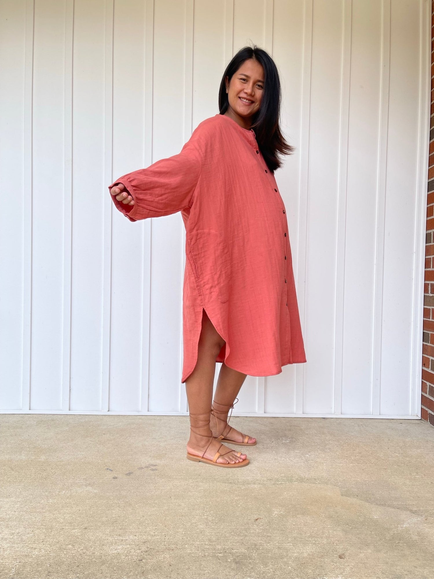 MALA handworks 41 in. Aura Double Gauze Cotton Midi Shirt Dress in Salmon Pink