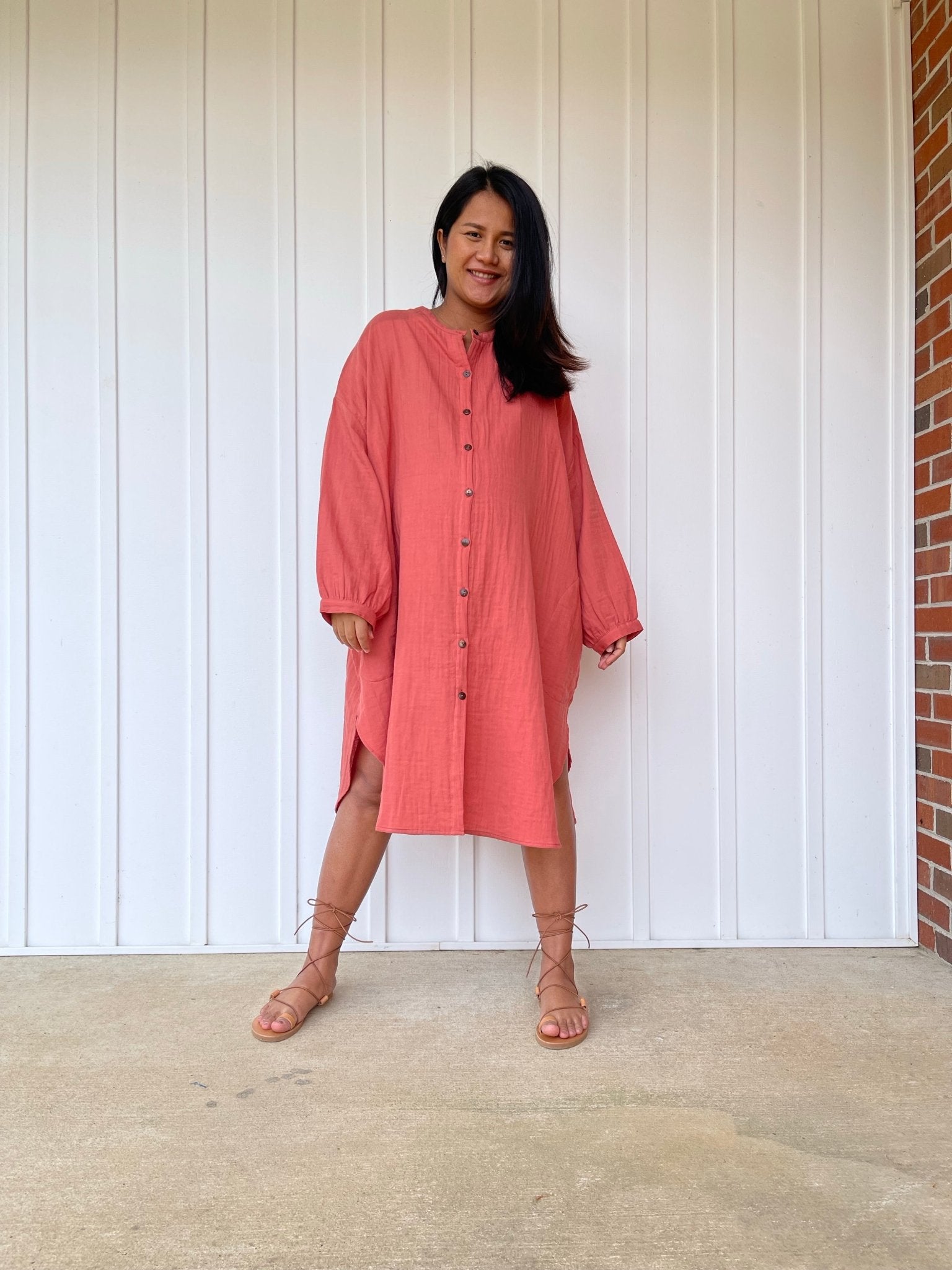 MALA handworks 41 in. Aura Double Gauze Cotton Midi Shirt Dress in Salmon Pink