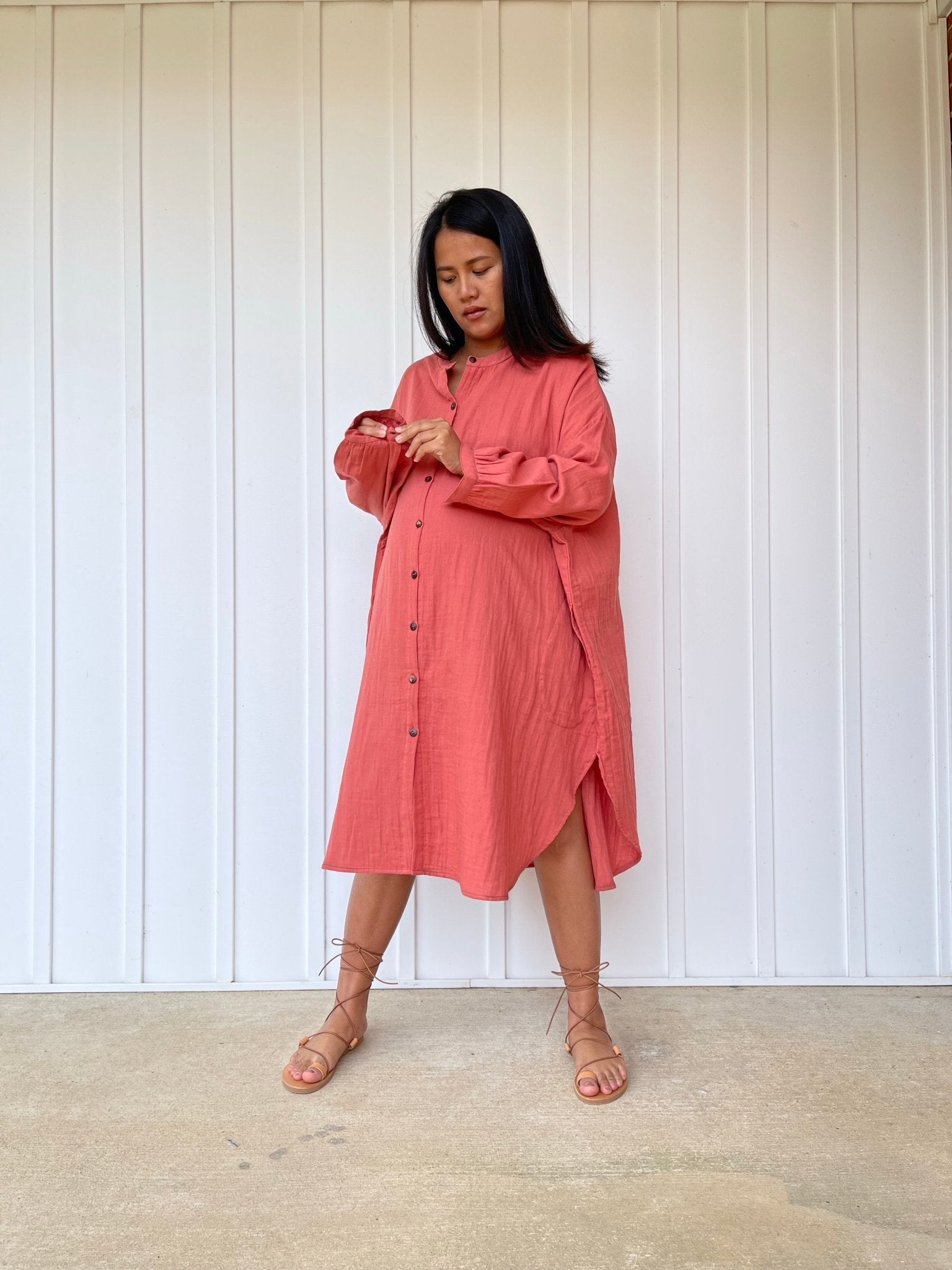MALA handworks 41 in. Aura Double Gauze Cotton Midi Shirt Dress in Salmon Pink
