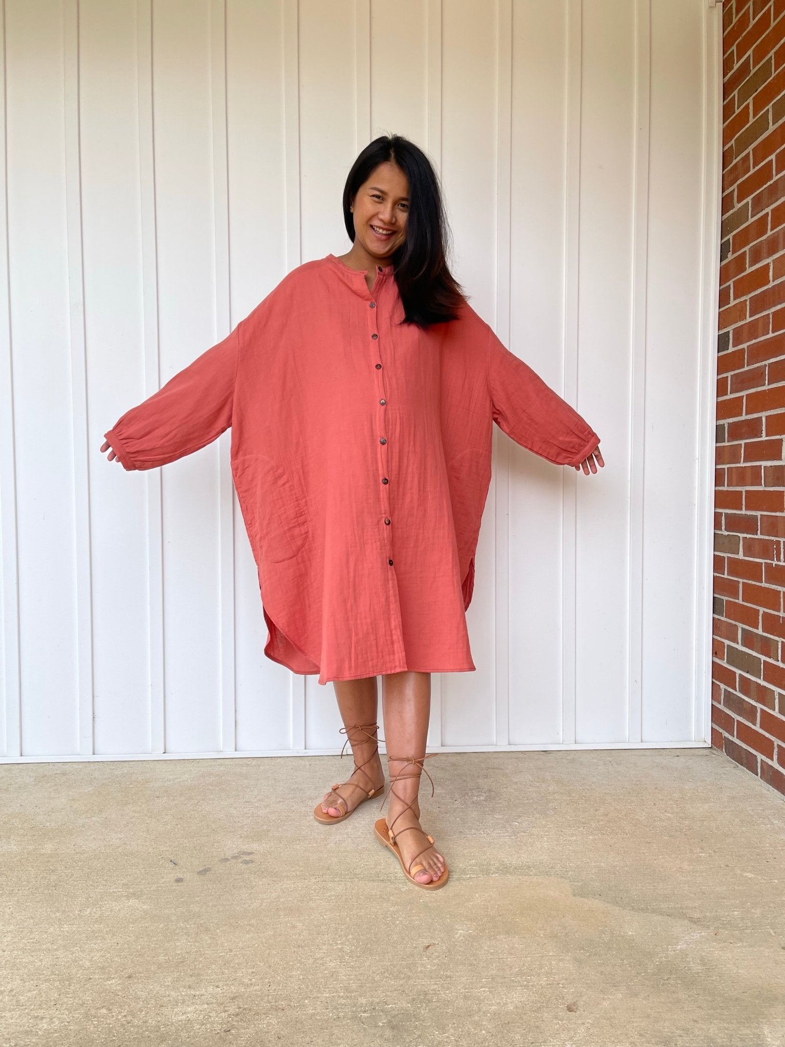 MALA handworks 41 in. Aura Double Gauze Cotton Midi Shirt Dress in Salmon Pink