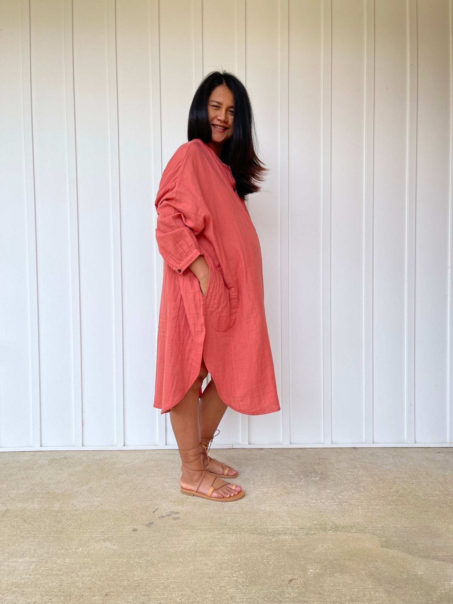 MALA handworks 41 in. Aura Double Gauze Cotton Midi Shirt Dress in Salmon Pink