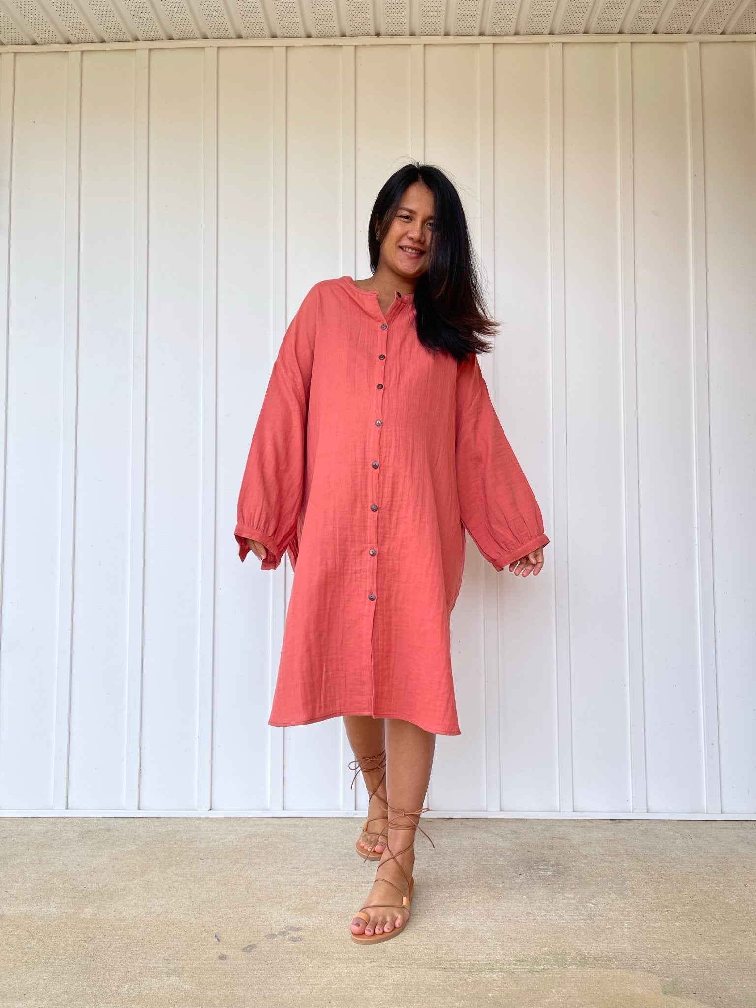 MALA handworks 41 in. Aura Double Gauze Cotton Midi Shirt Dress in Salmon Pink